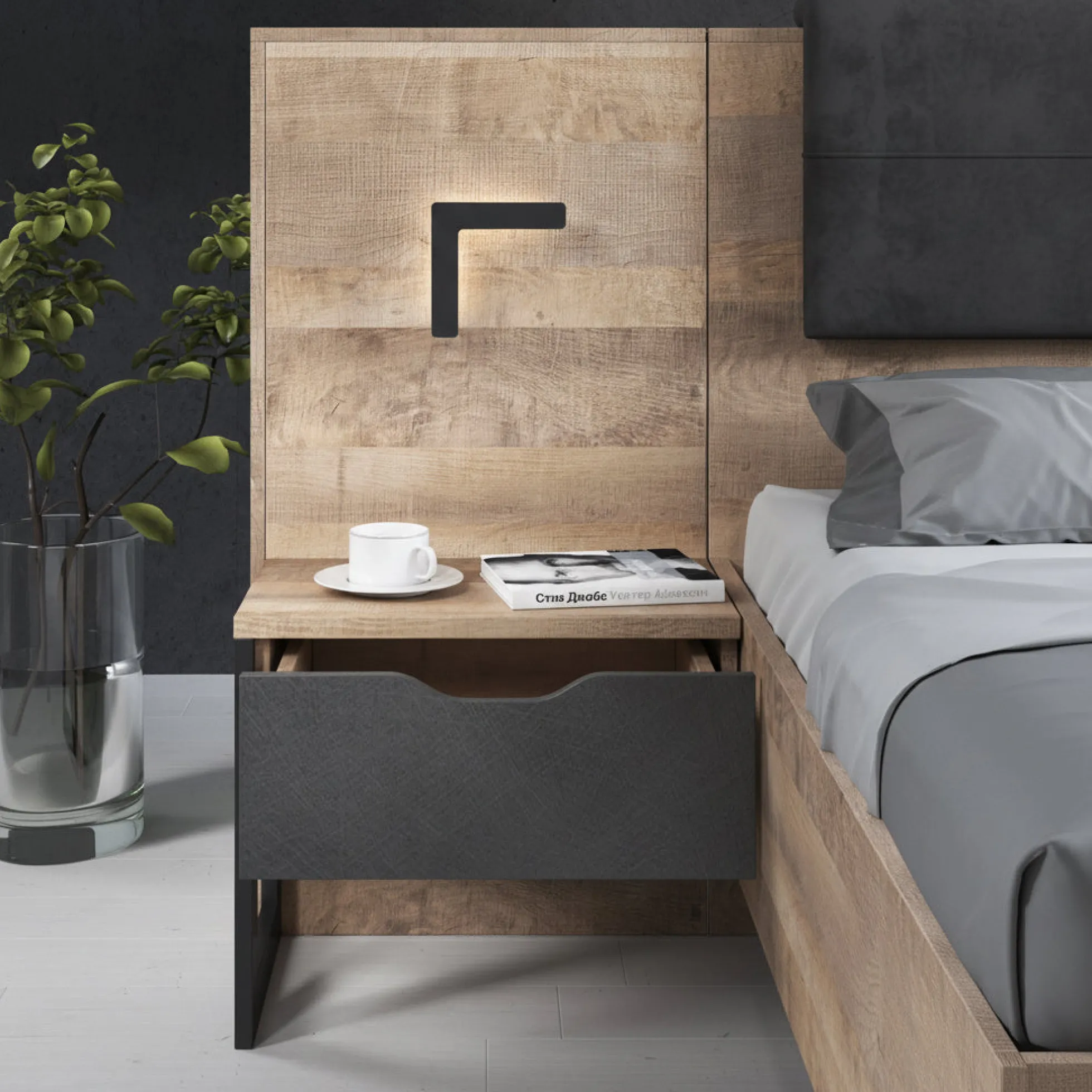 Acasia - Nachtkastje set van 2 - Grijs/eiken - 52x37x100 cm