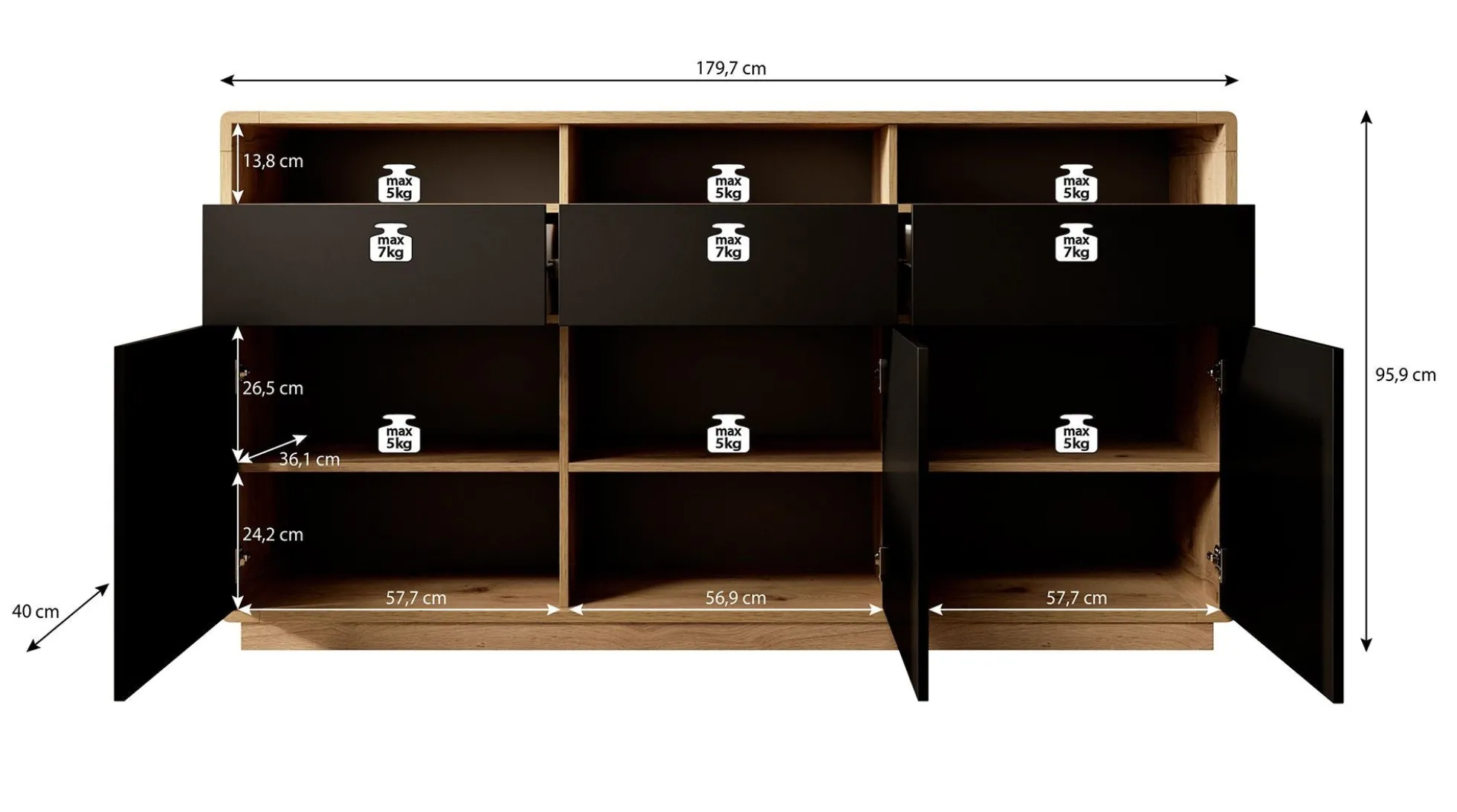 Acuna - Dressoir - Zwart/eiken - 180x40x96 cm