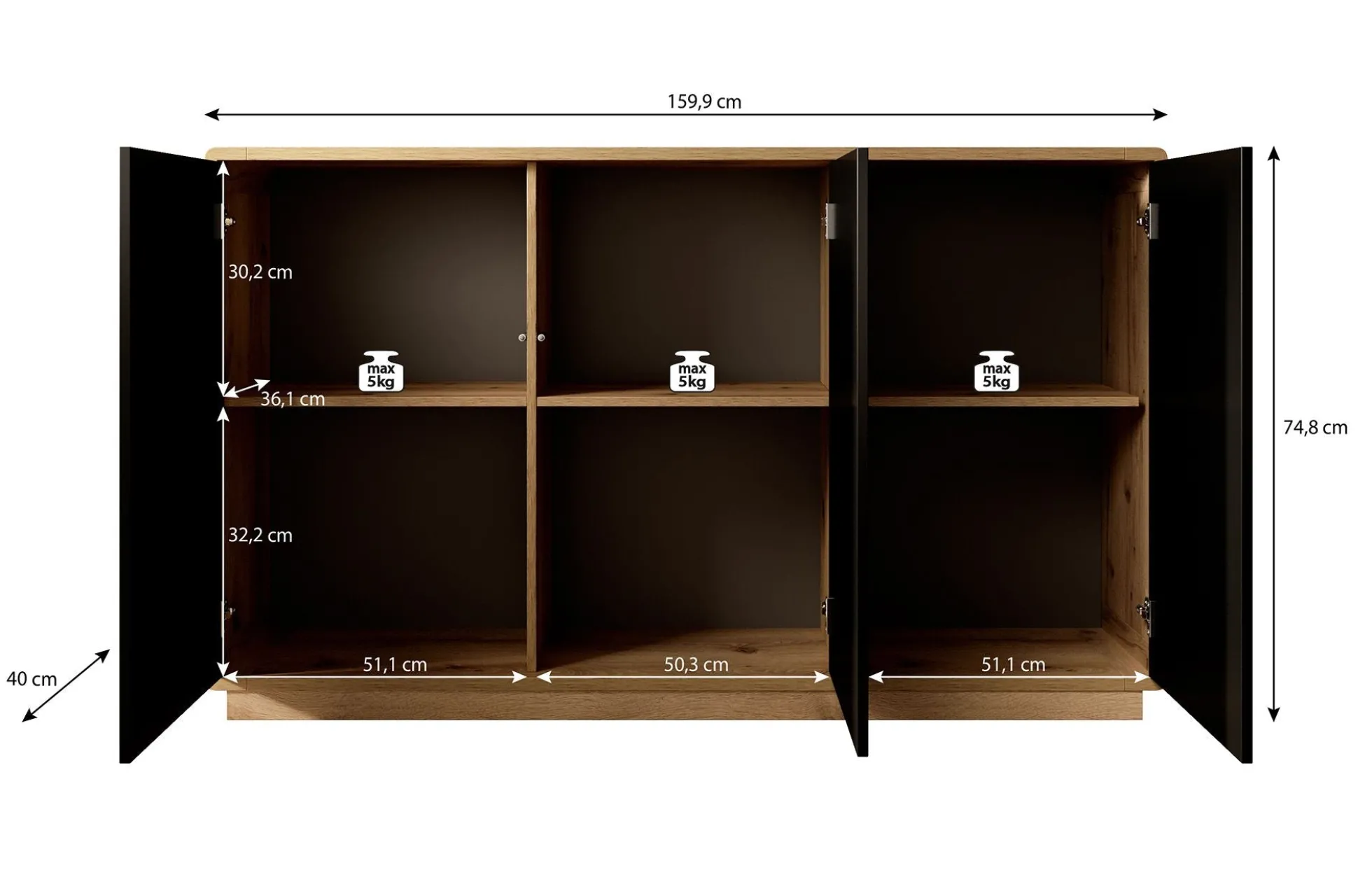 Acuna - Dressoir - Zwart/eiken - 160x40x75 cm