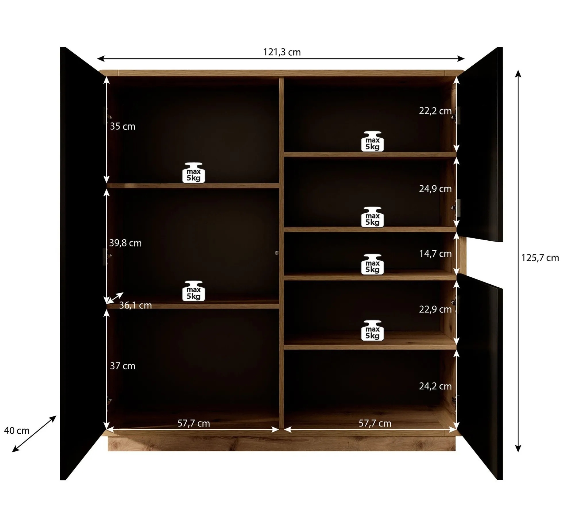 Acuna - Opbergkast met 3 deuren - Zwart/eiken - 121x40x126 cm