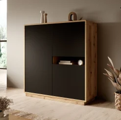 Acuna - Opbergkast met 3 deuren - Zwart/eiken - 121x40x126 cm