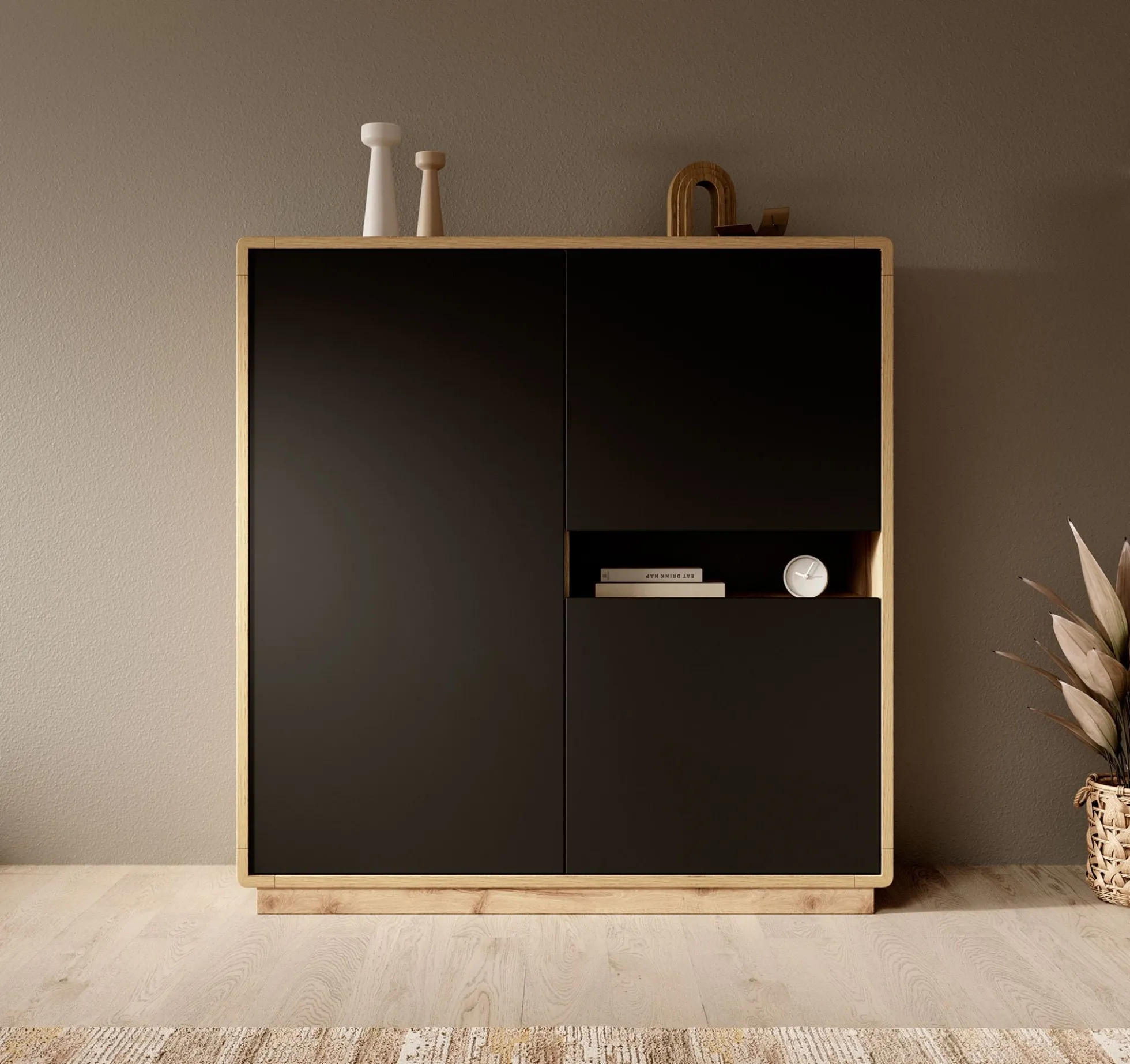 Acuna - Opbergkast met 3 deuren - Zwart/eiken - 121x40x126 cm