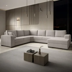 Adel - Hoekbank 5-zits met chaise longue - Ribstof beige - Rechts