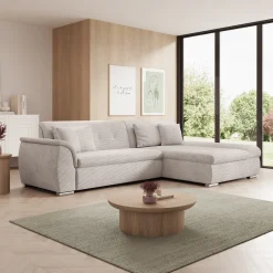 Alberta - Hoekbank 3-zits met slaapfunctie - Ribstof beige - Rechts -