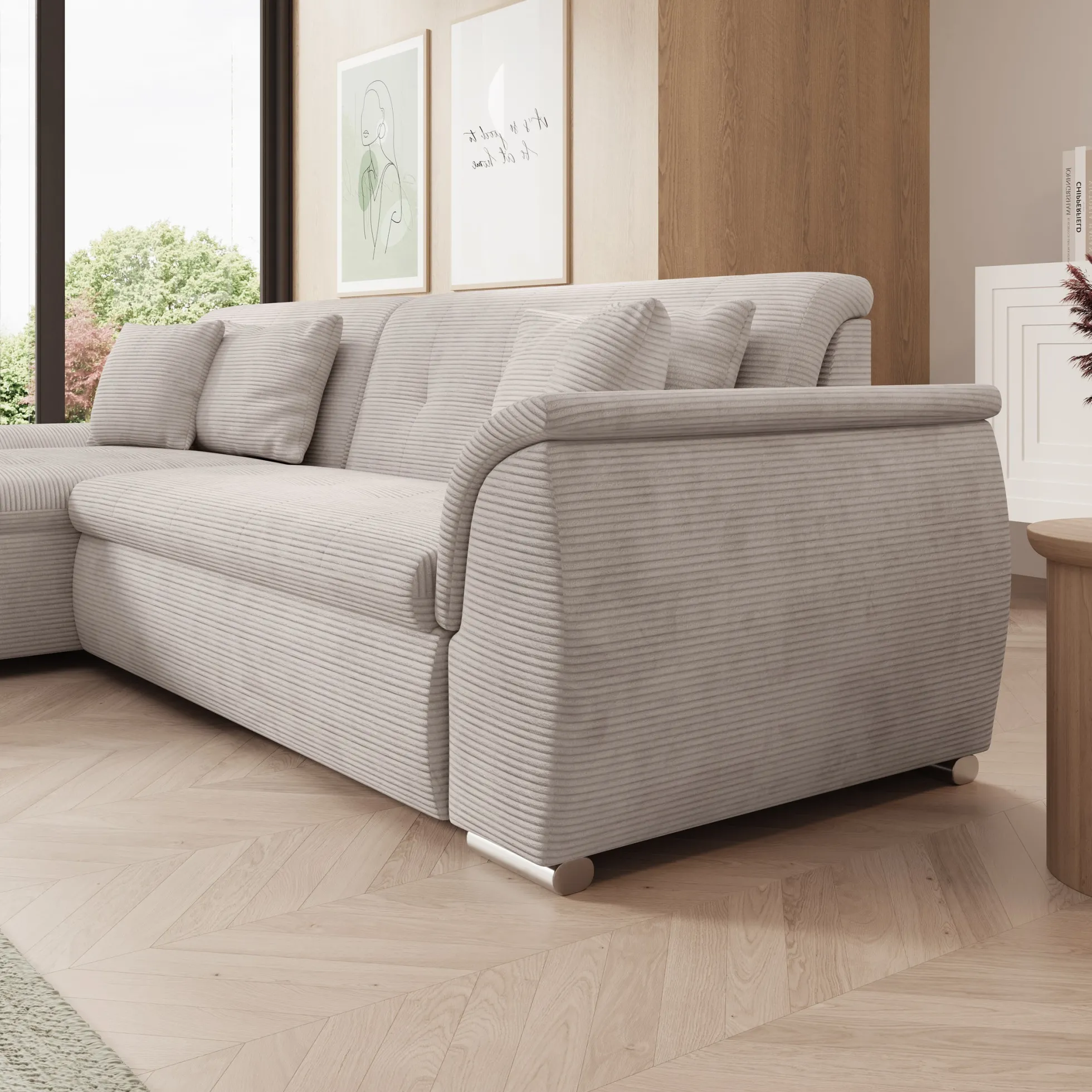 Alberta - Hoekbank 3-zits met slaapfunctie - Ribstof beige - Links - 2