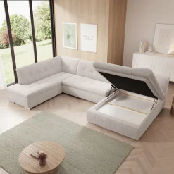 Alberta XL - Hoekbank 5-zits met slaapfunctie - Ribstof beige - Rechts