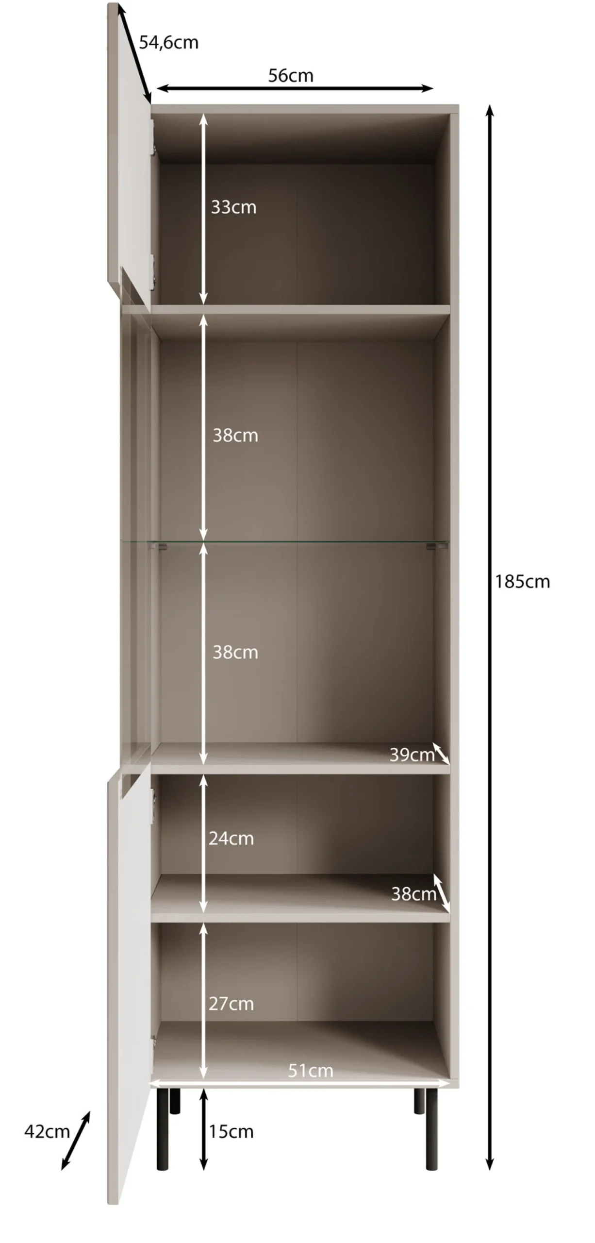 Alex - Vitrinekast - Beige - 55x42x185 cm