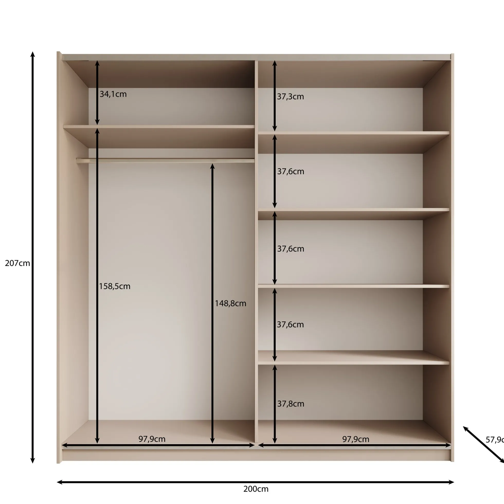Andros - Kledingkast met schuifdeuren - Beige - 200x58x207 cm