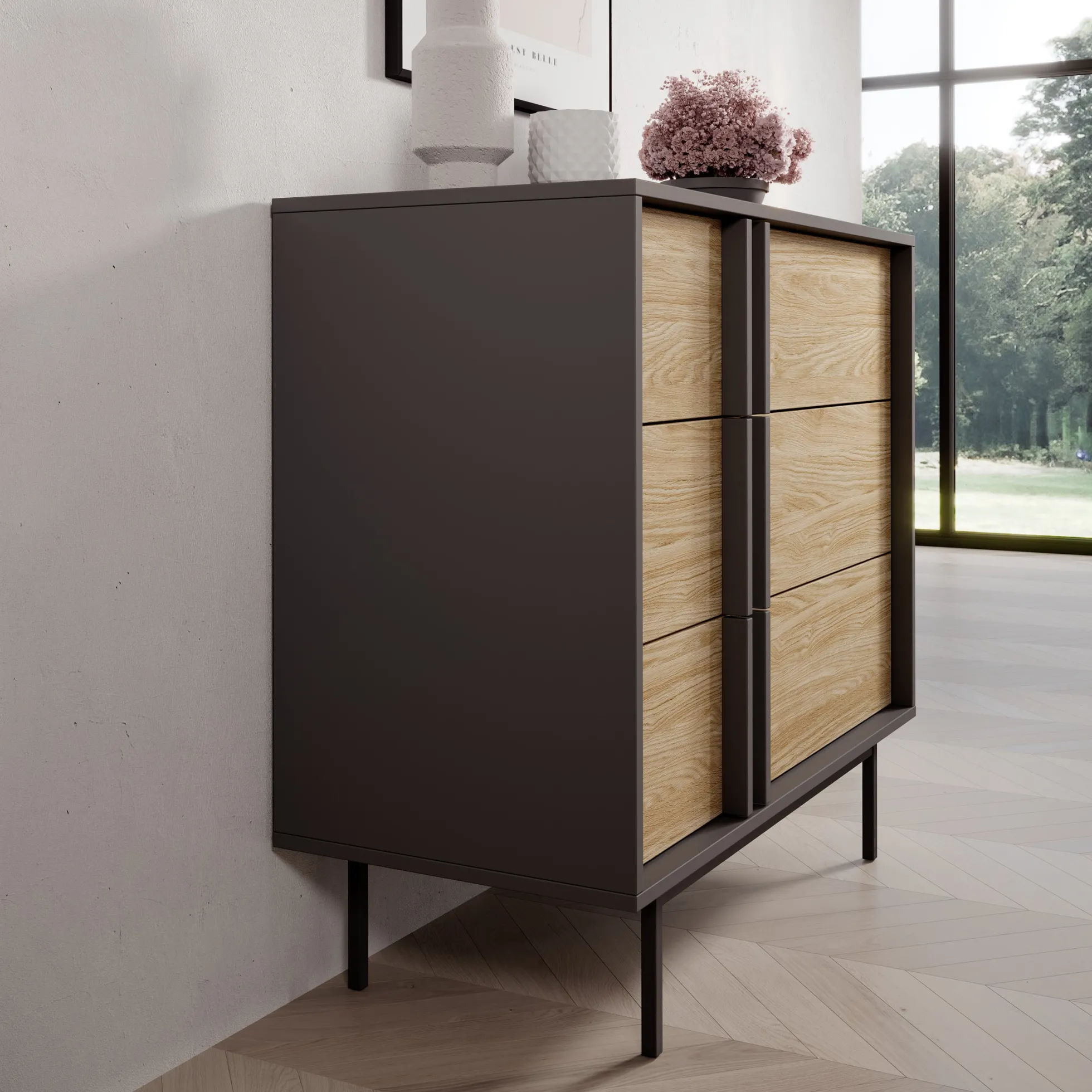 Antigo - Ladekast met 3 lades - Eiken/Antraciet - 93x43x87 cm