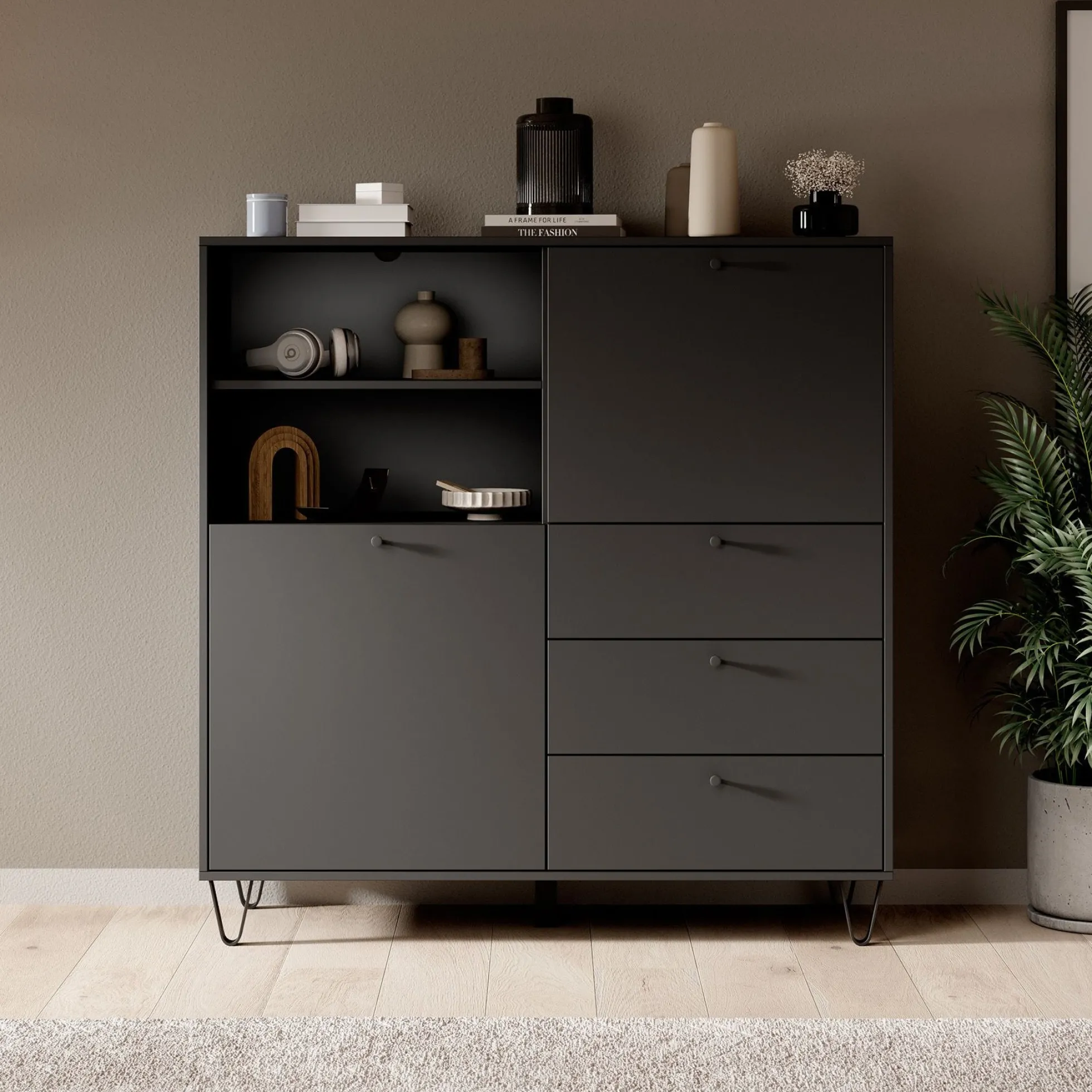 Apula - Dressoir - Antraciet - 124x40x135 cm - Met lades