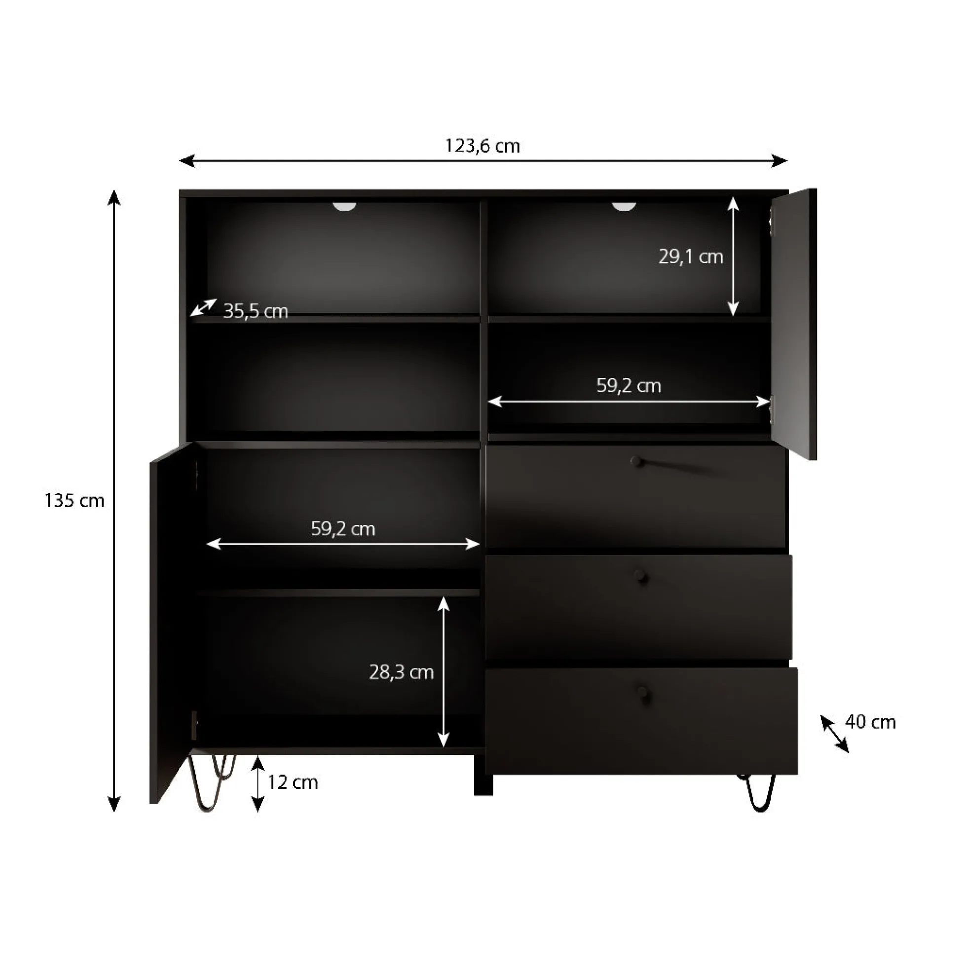 Apula - Dressoir - Antraciet - 124x40x135 cm - Met lades