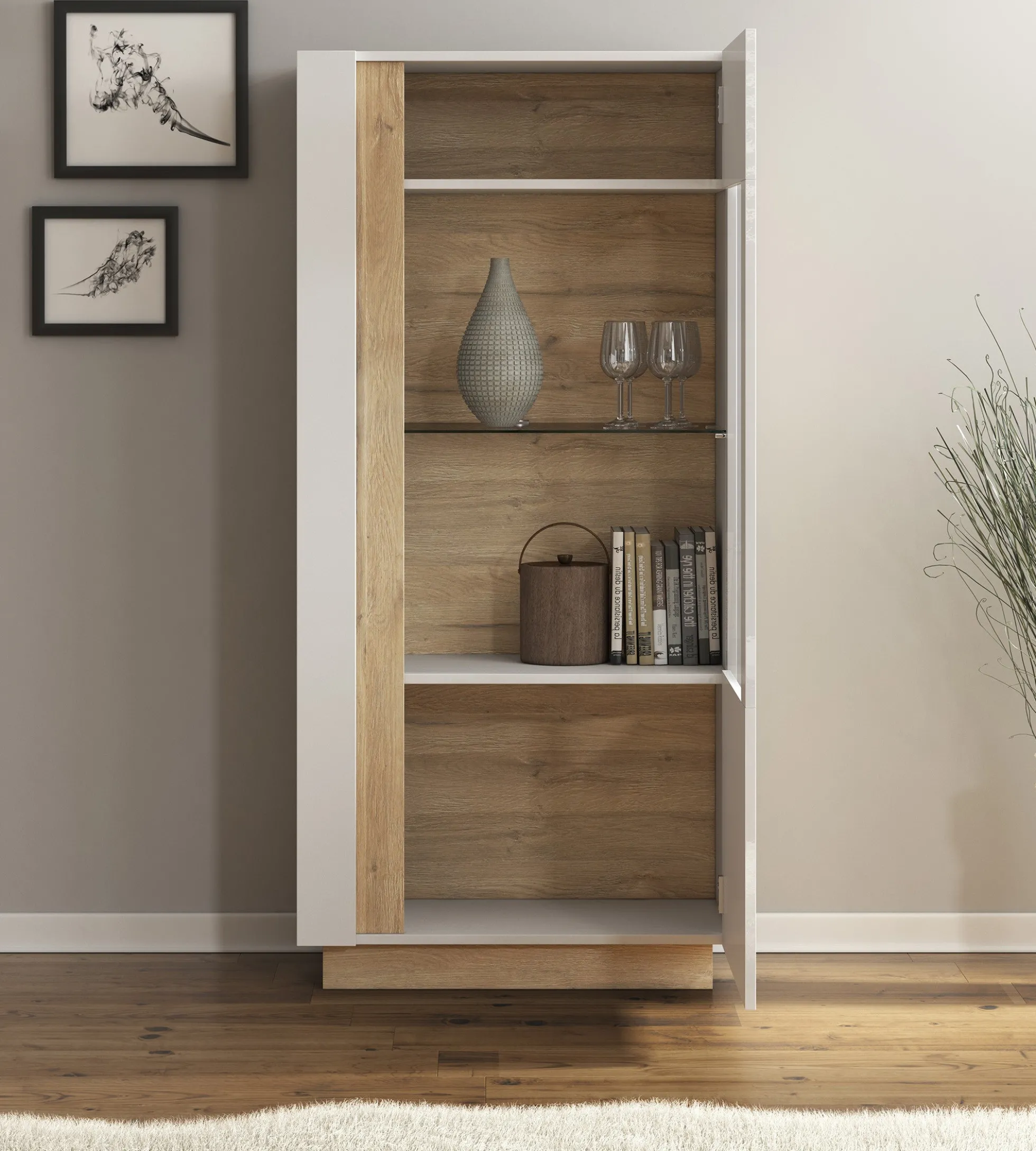 Ashley - Vitrinekast - Wit/eiken - 72x40x154 cm
