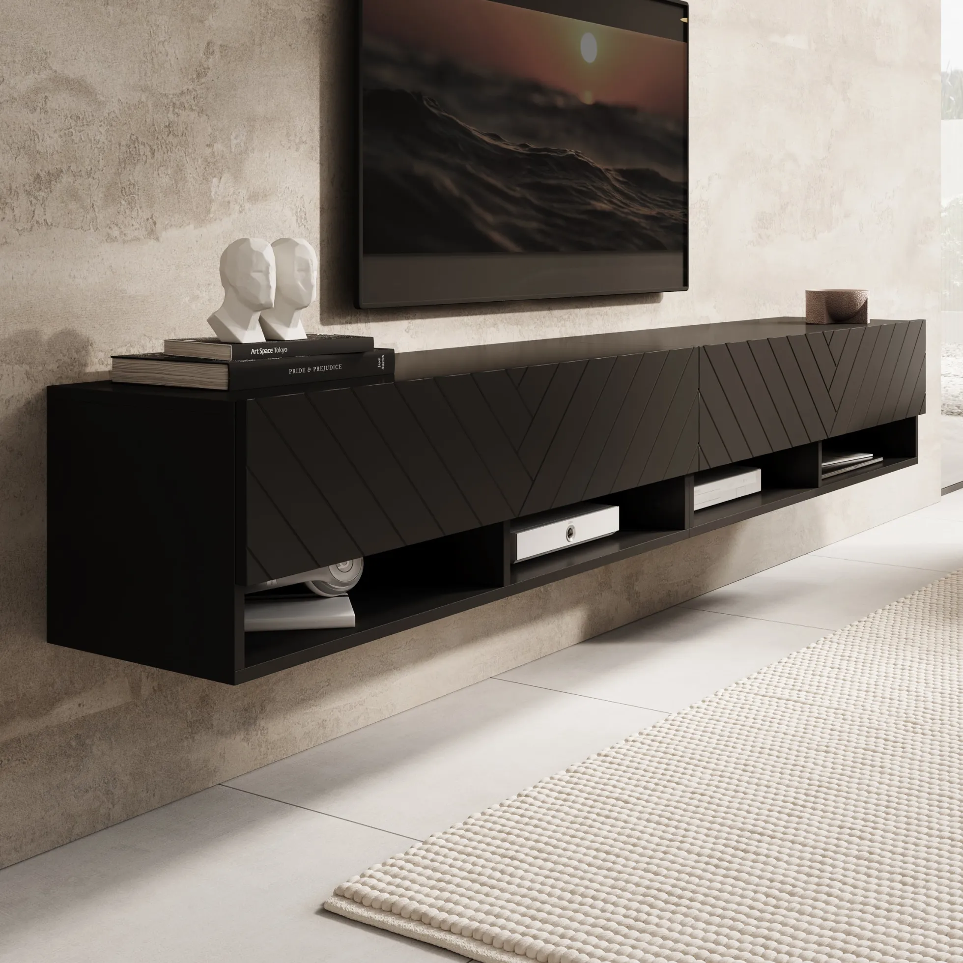 Asino - TV-Meubel - Zwart visgraat - 200x31x30 cm