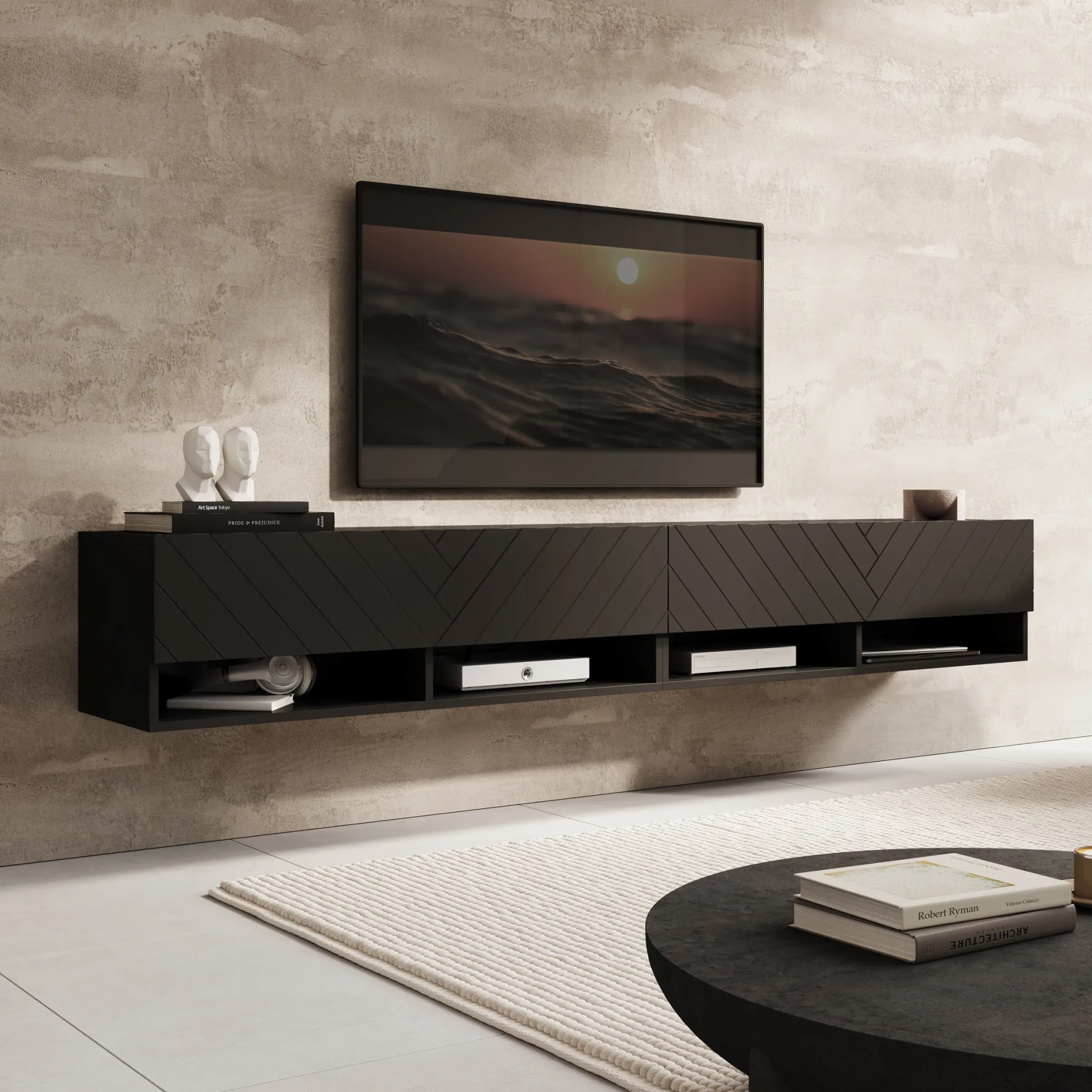 Asino - TV-Meubel - Zwart visgraat - 200x31x30 cm