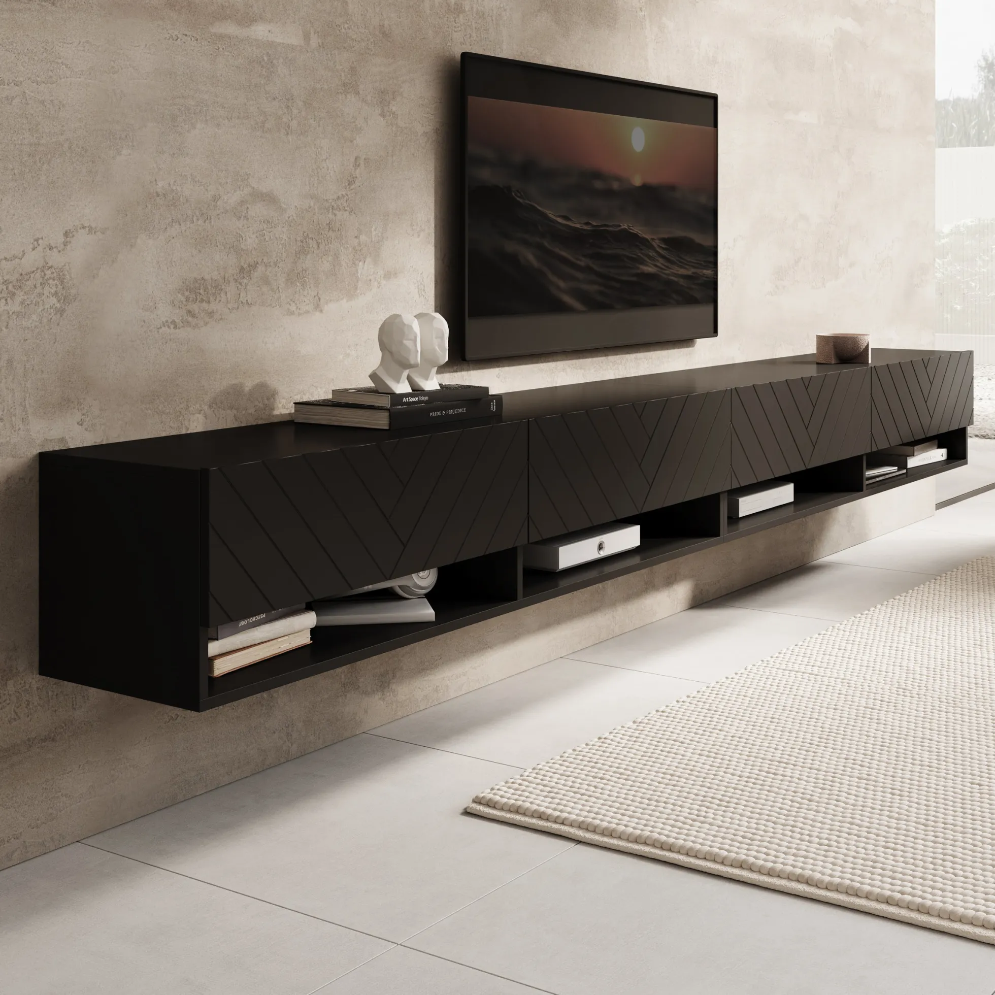 Asino - TV-Meubel - Zwart Visgraat - 280x31x30 cm