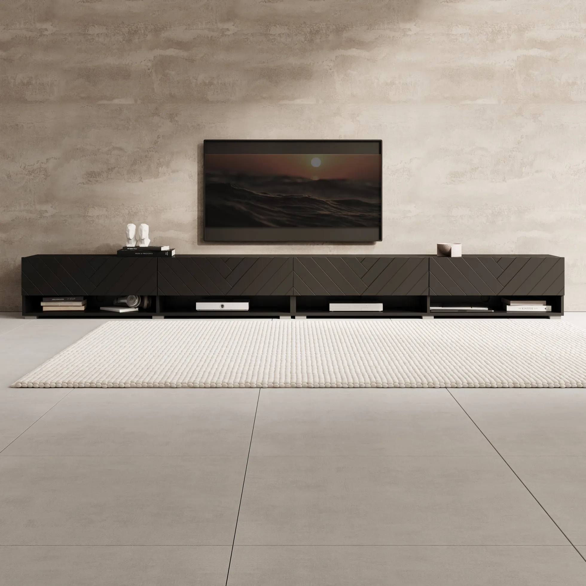 Asino - TV-Meubel - Zwart Visgraat - 280x31x30 cm