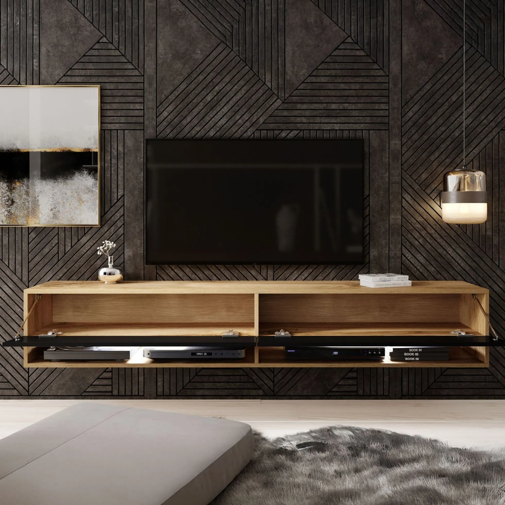 Asino - TV-Meubel met verlichting - Zwart/eiken - 180 cm