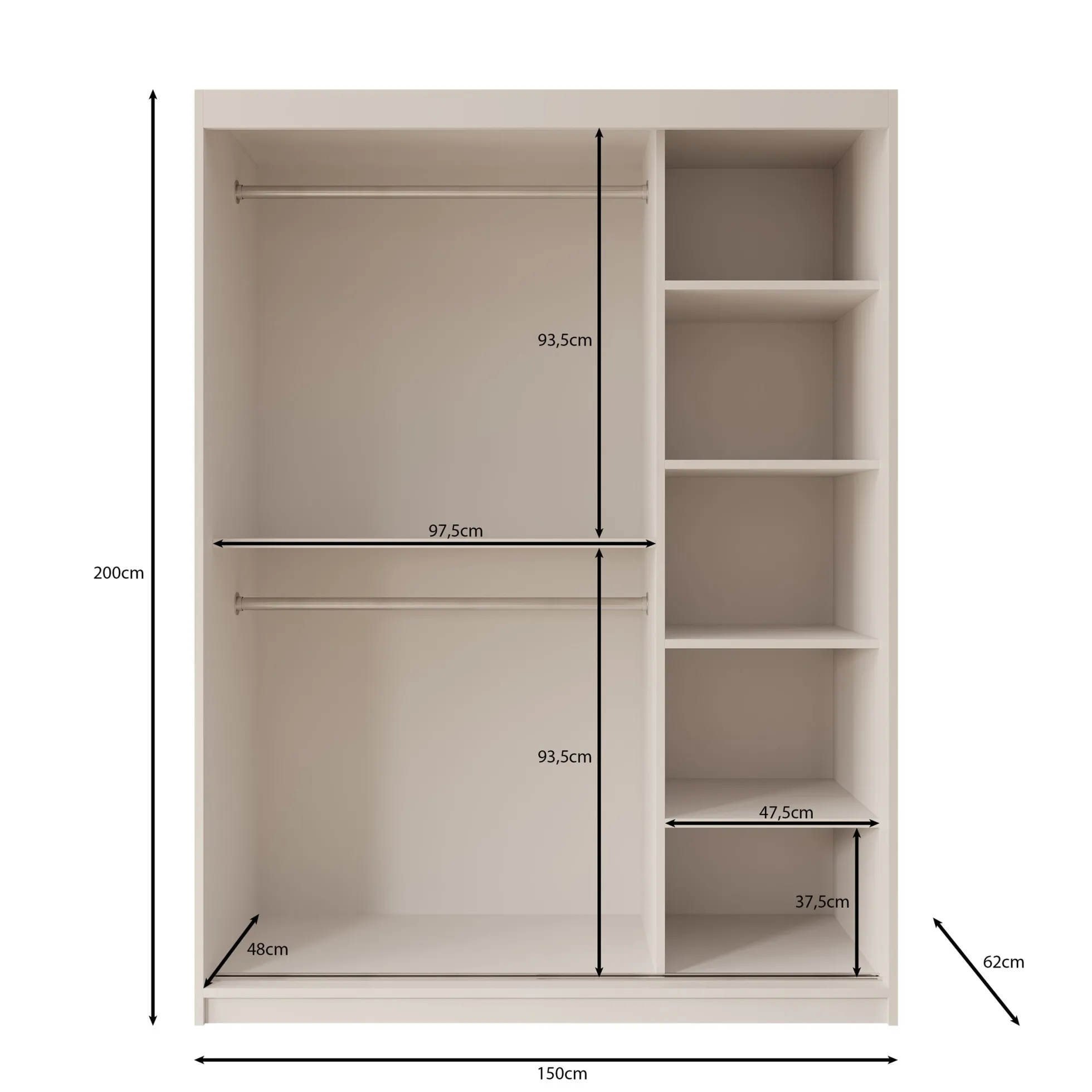 Azai - Kledingkast met schuifdeuren - Wit - 150x62x200 cm