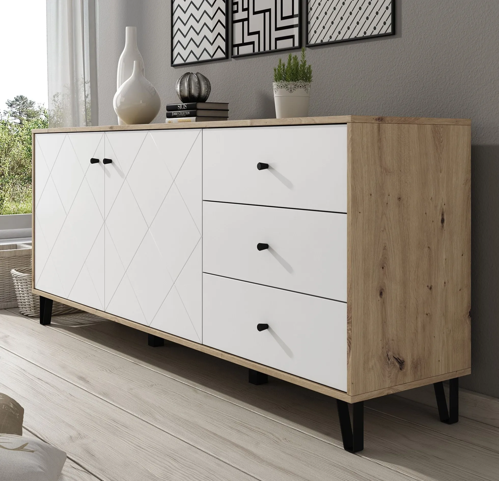 Barlo - Dressoir - Wit/eiken - 183x40x75 cm