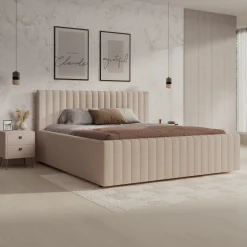 Bavira - Tweepersoonsbed met opbergruimte - Stof beige - 180x200 cm