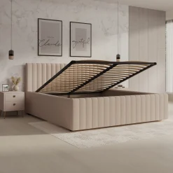 Bavira - Tweepersoonsbed met opbergruimte - Stof beige - 180x200 cm