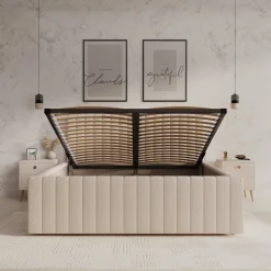 Bavira - Tweepersoonsbed met opbergruimte - Stof beige - 160x200 cm