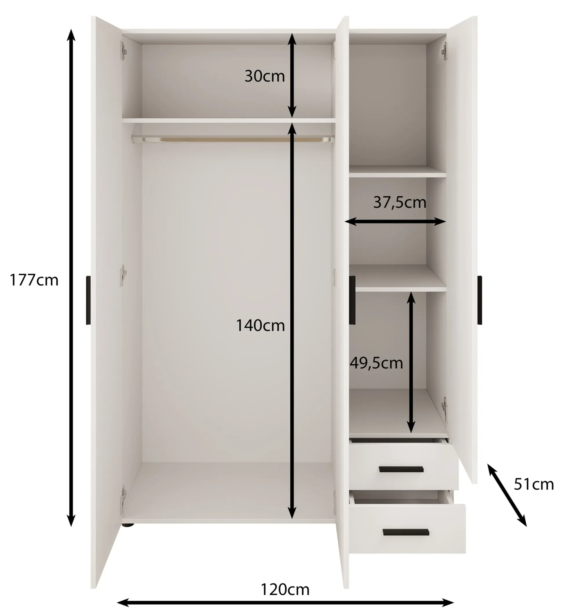 Bellini - Kledingkast 3-deurs - Antraciet - 120x51x177 cm