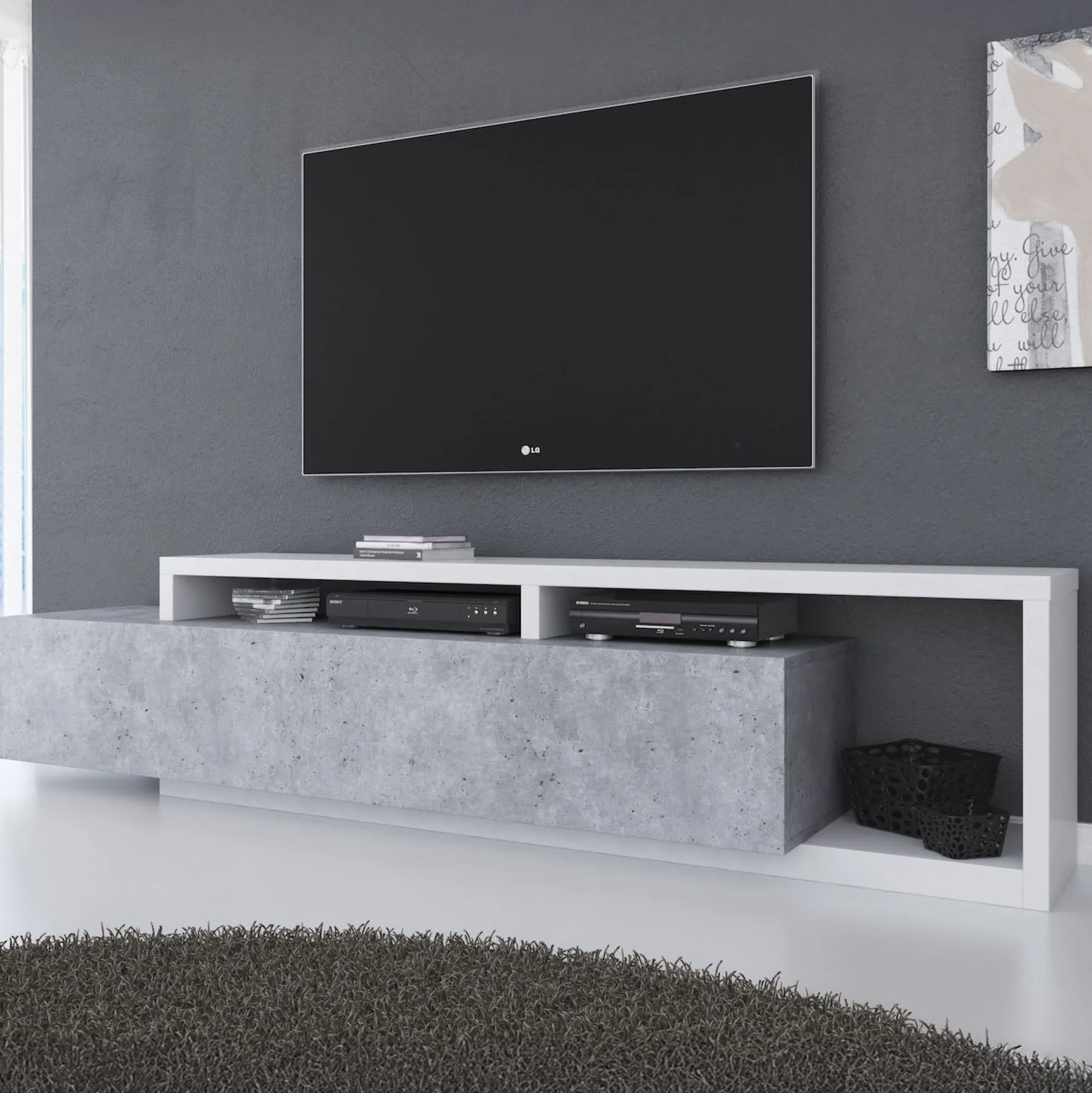 Bello - TV-Meubel met lade - Beton/wit - 219x45x52 cm