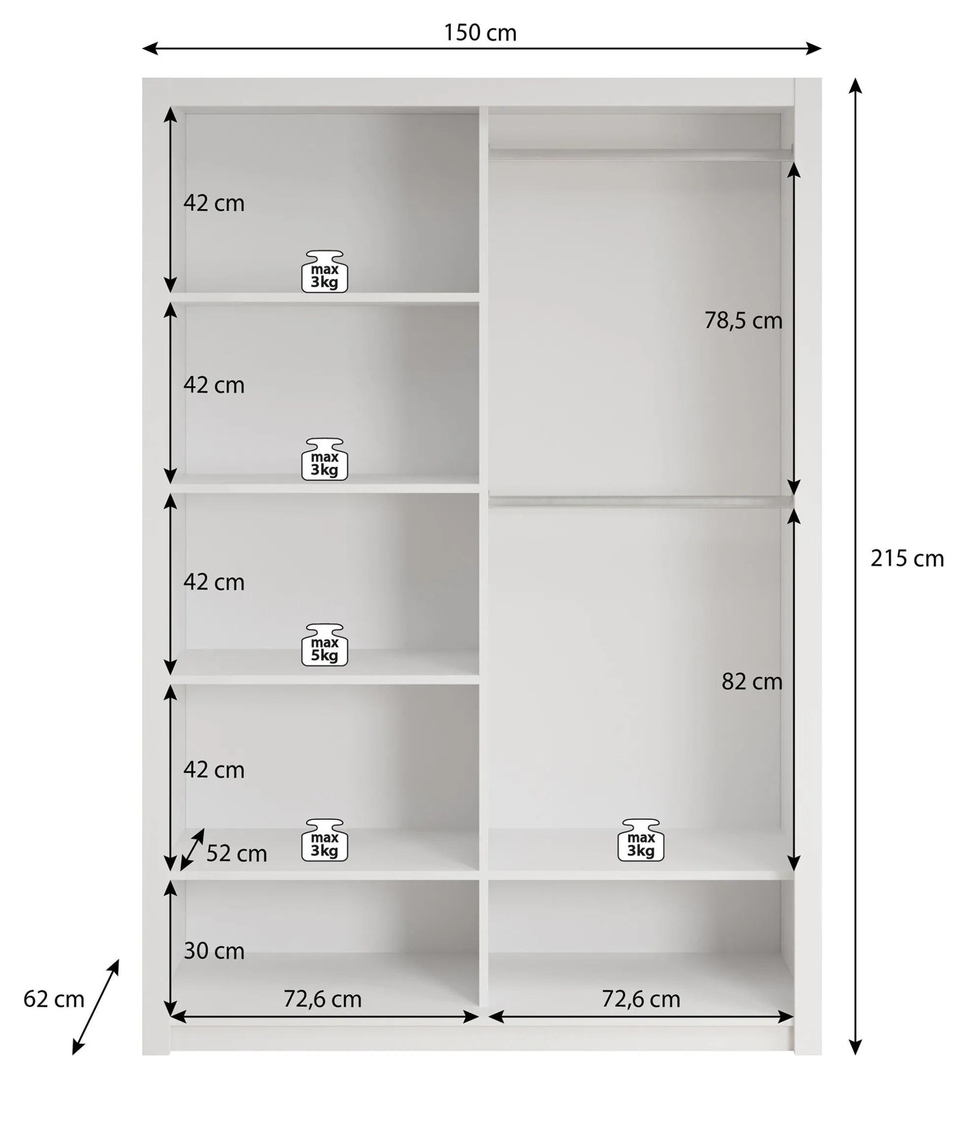 Blake - Kledingkast met schuifdeuren - Zwart - 150x62x215 cm