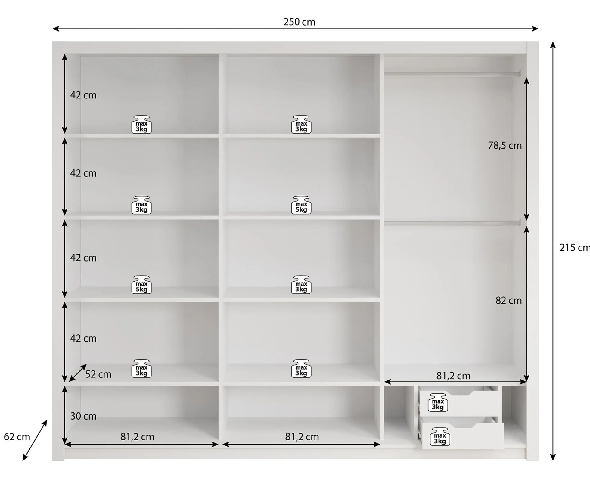 Blake - Kledingkast met schuifdeuren - Wit - 250x62x215 cm