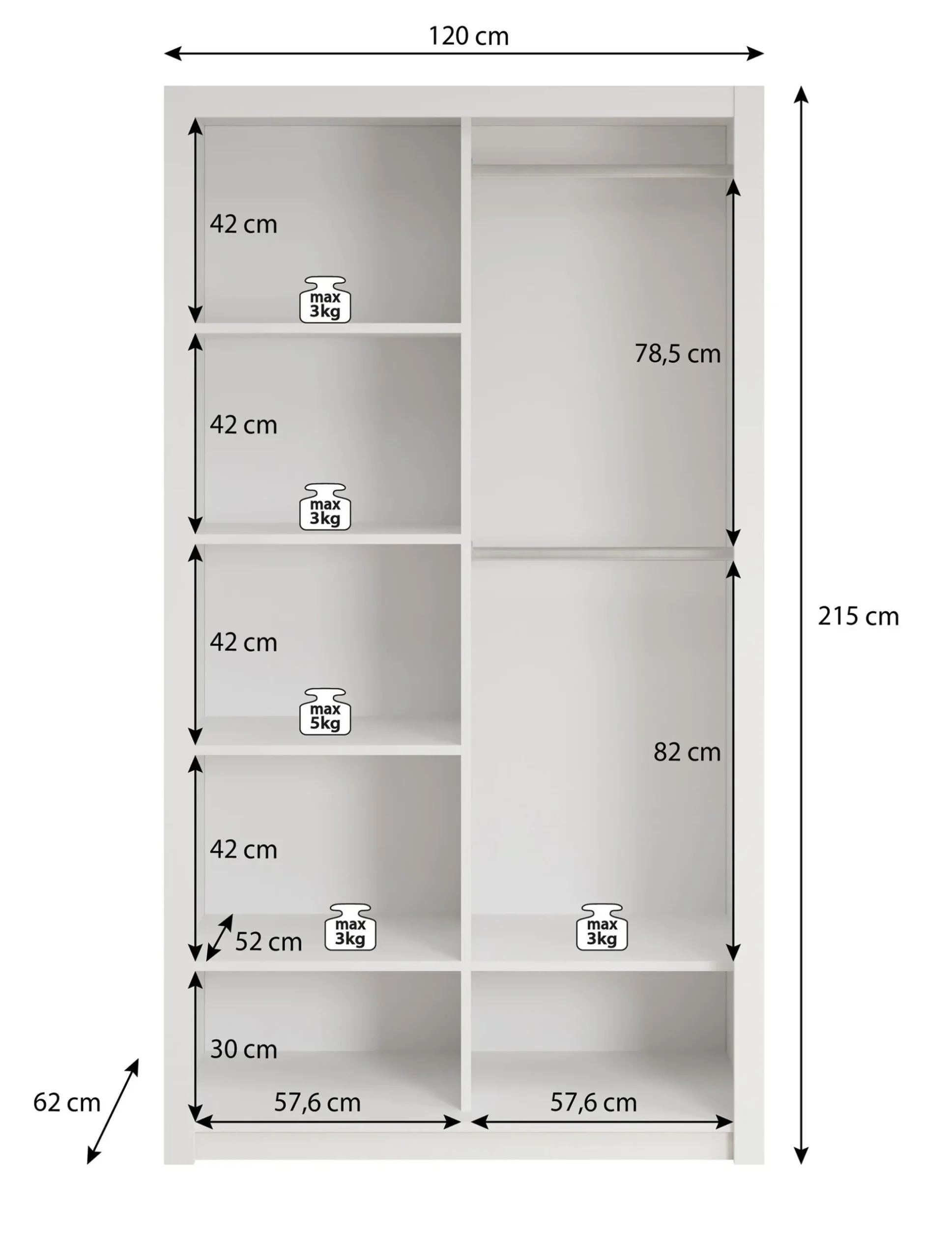 Blake - Kledingkast met schuifdeuren - Wit - 120x62x215 cm