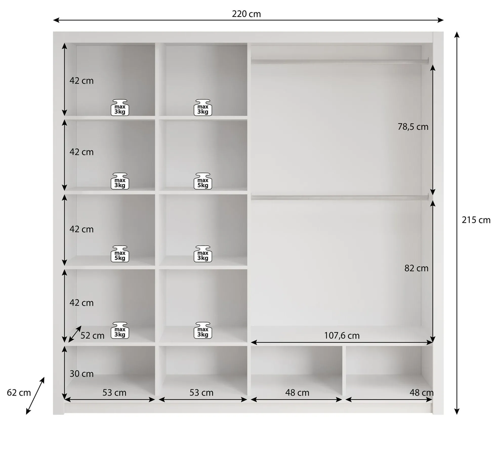 Blake - Kledingkast met spiegel - Wit - 220x62x215 cm