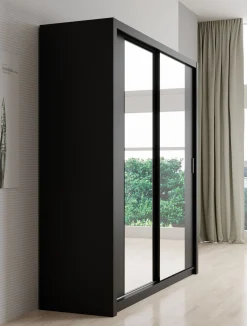 Blake - Kledingkast met spiegel - Zwart - 200x62x215 cm