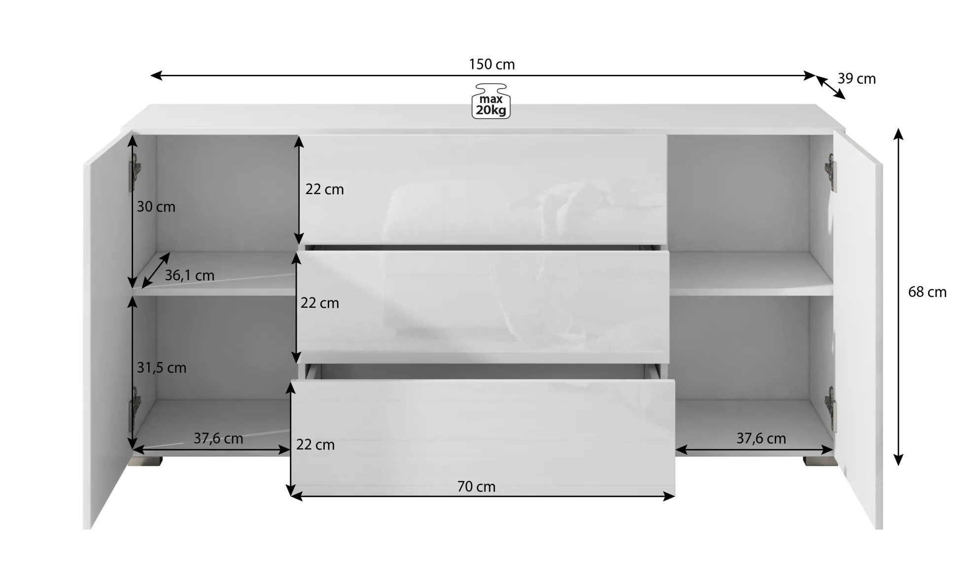 Bonzo - Dressoir - Wit - 150x39x68 cm