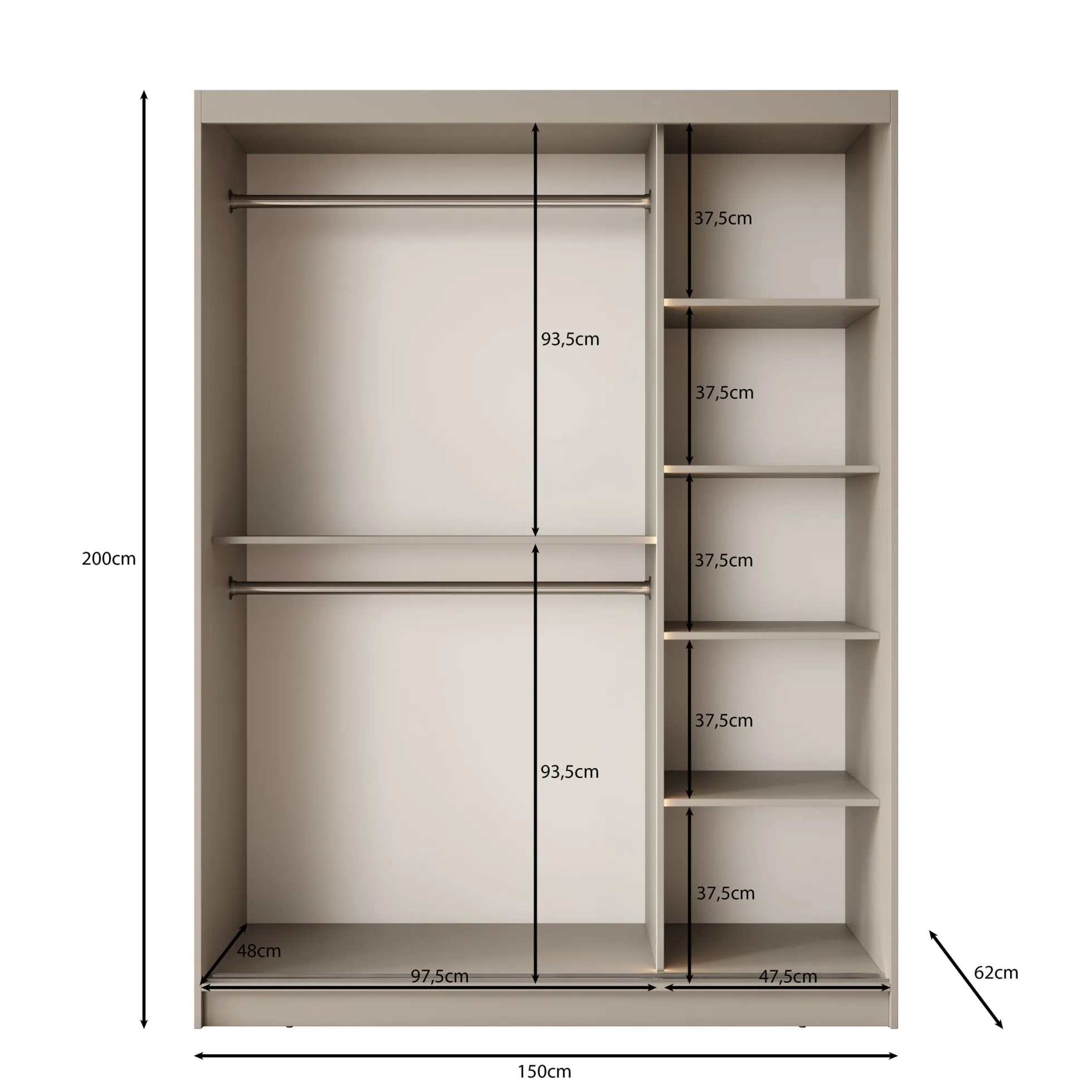 Bravanti - Kledingkast - Zwart - 150x62x200 cm