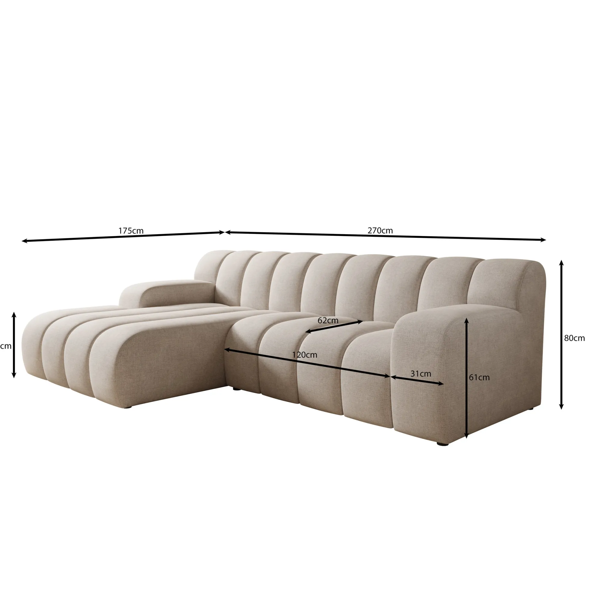 Brunello - Hoekbank 3-zits met chaise longue - Stof beige - Links