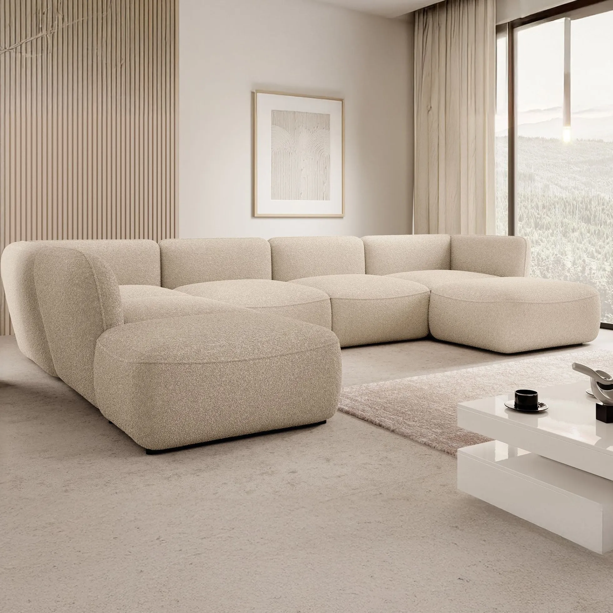 Caesar - Hoekbank 5-zits met chaise longue - Teddystof beige - Links -