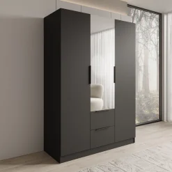 Caliero - Kledingkast 3-deurs met spiegel - Zwart - 150x60x216 cm