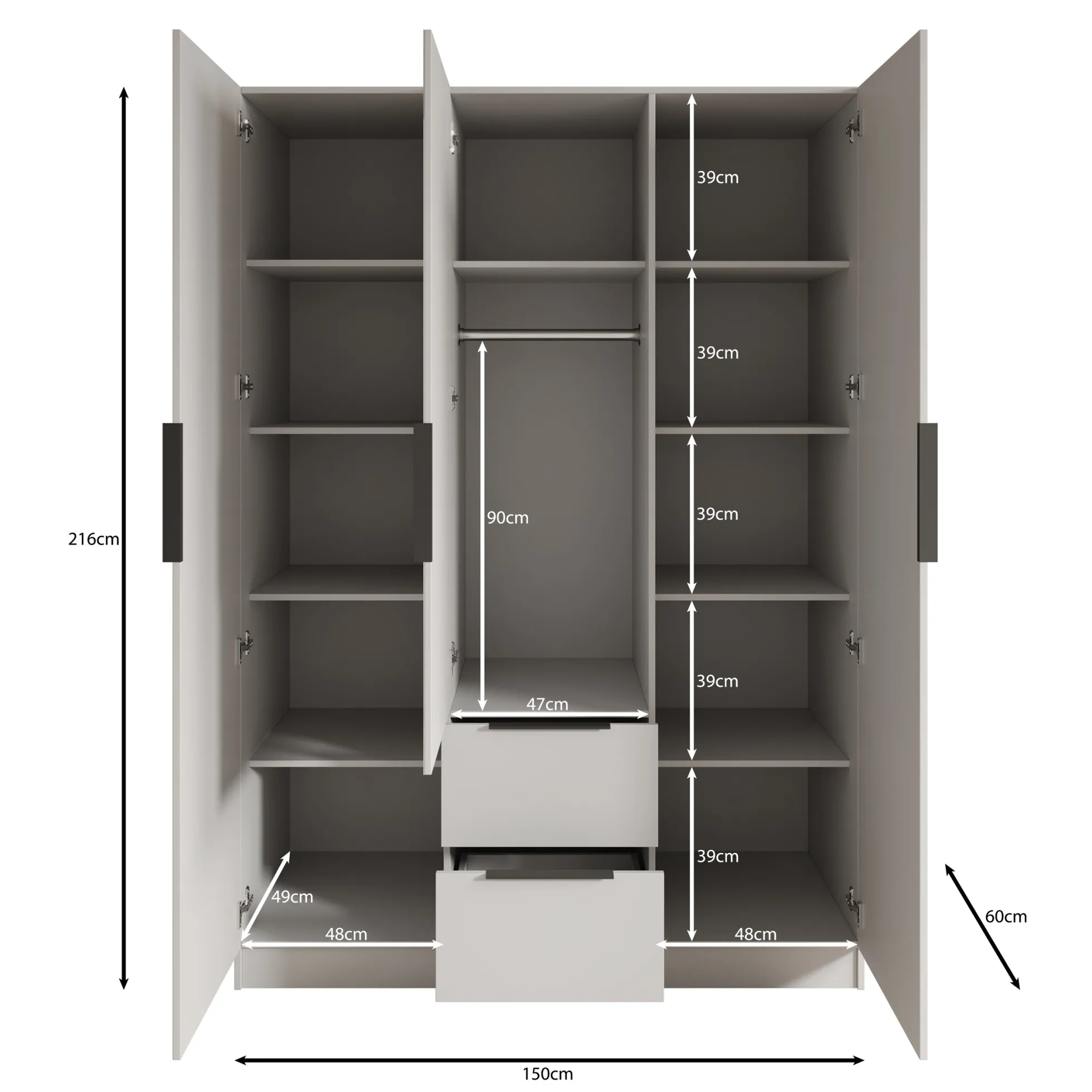 Caliero - Kledingkast 3-deurs met spiegel - Wit - 150x60x216