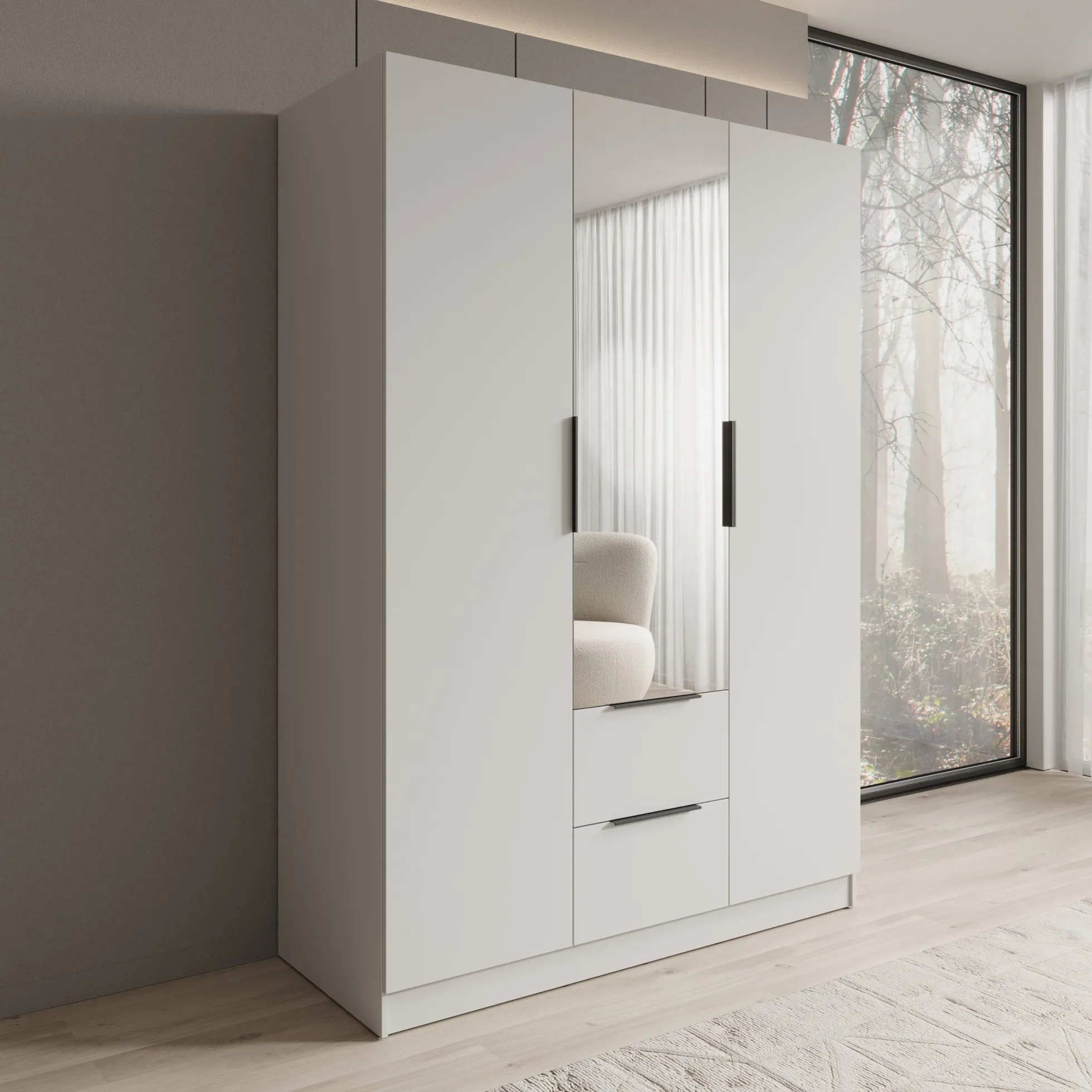 Caliero - Kledingkast 3-deurs met spiegel - Wit - 150x60x216