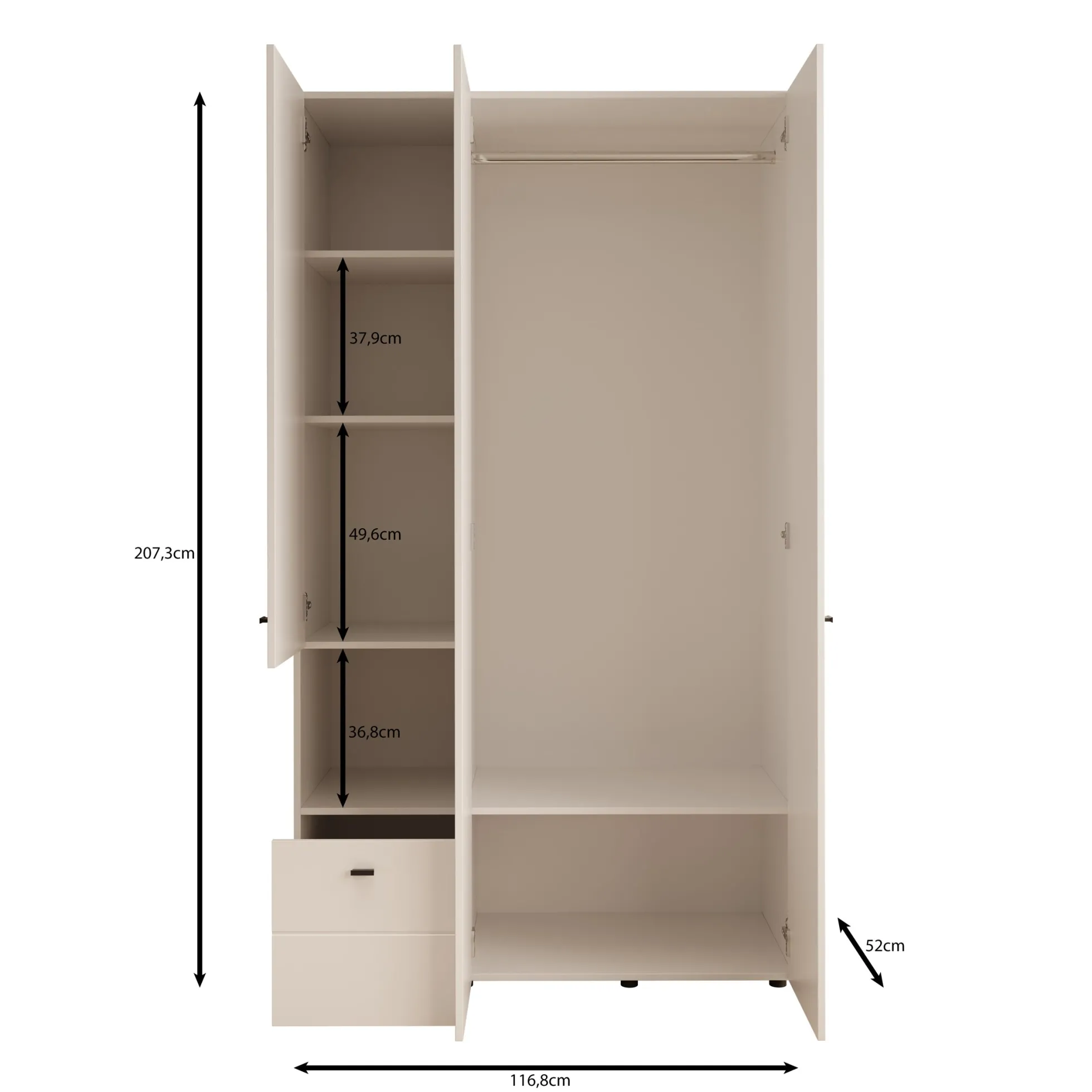 Calista - Kledingkast met 3 deuren - Eikenpatroon - 117x52x208 cm
