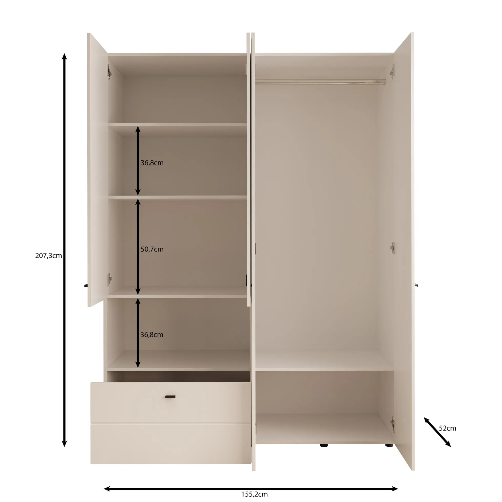 Calista - Kledingkast met 4 deuren - Wit - 155x52x208 cm