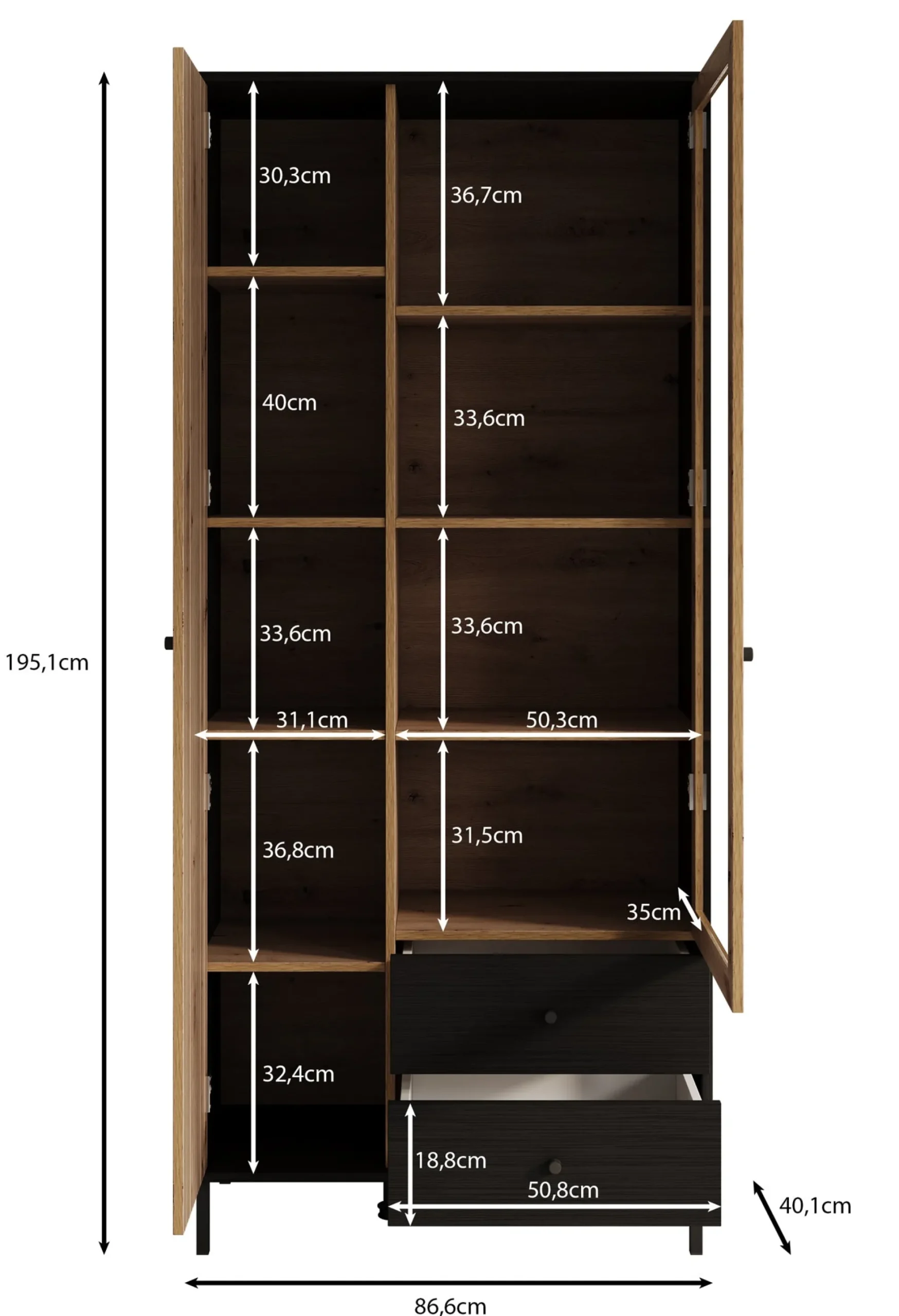 Charles 2 - Vitrinekast - Eiken - 87x40x195 cm