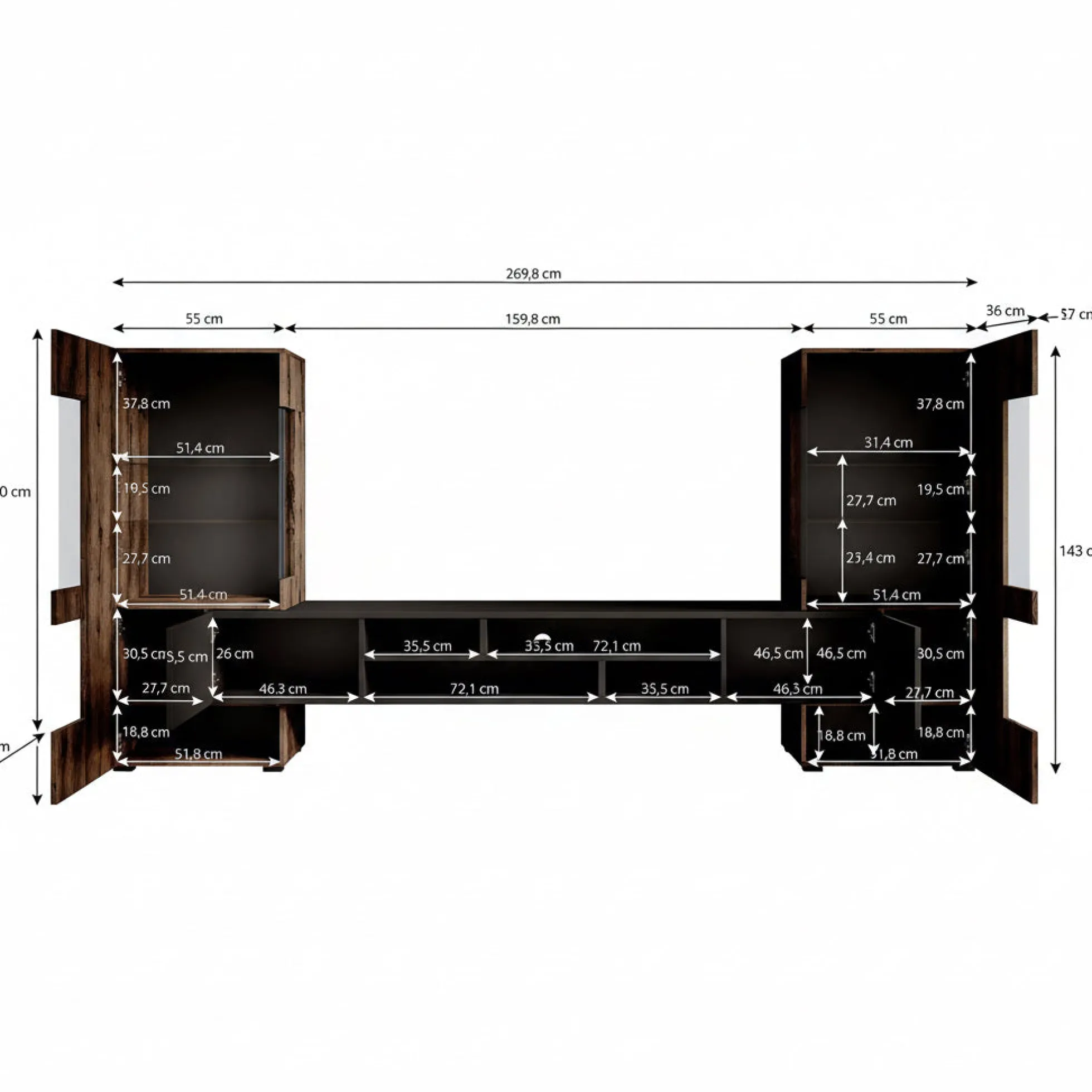 Charo - Wandmeubel - Zwart/eiken - 270x45x143 cm