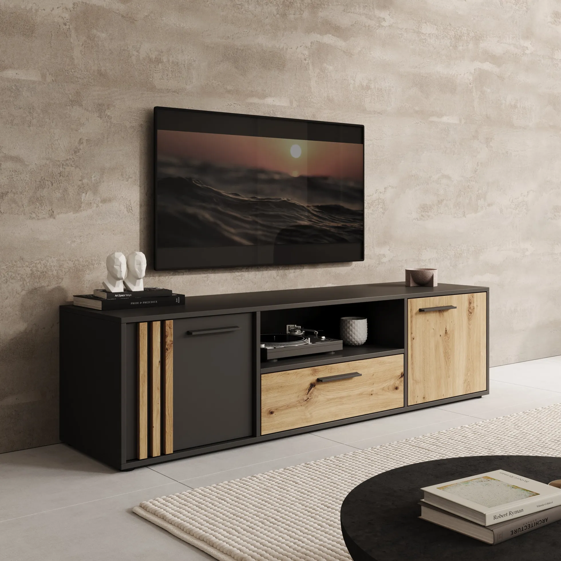 Clover - TV-Meubel - Eiken/Zwart - 163x42x44 cm