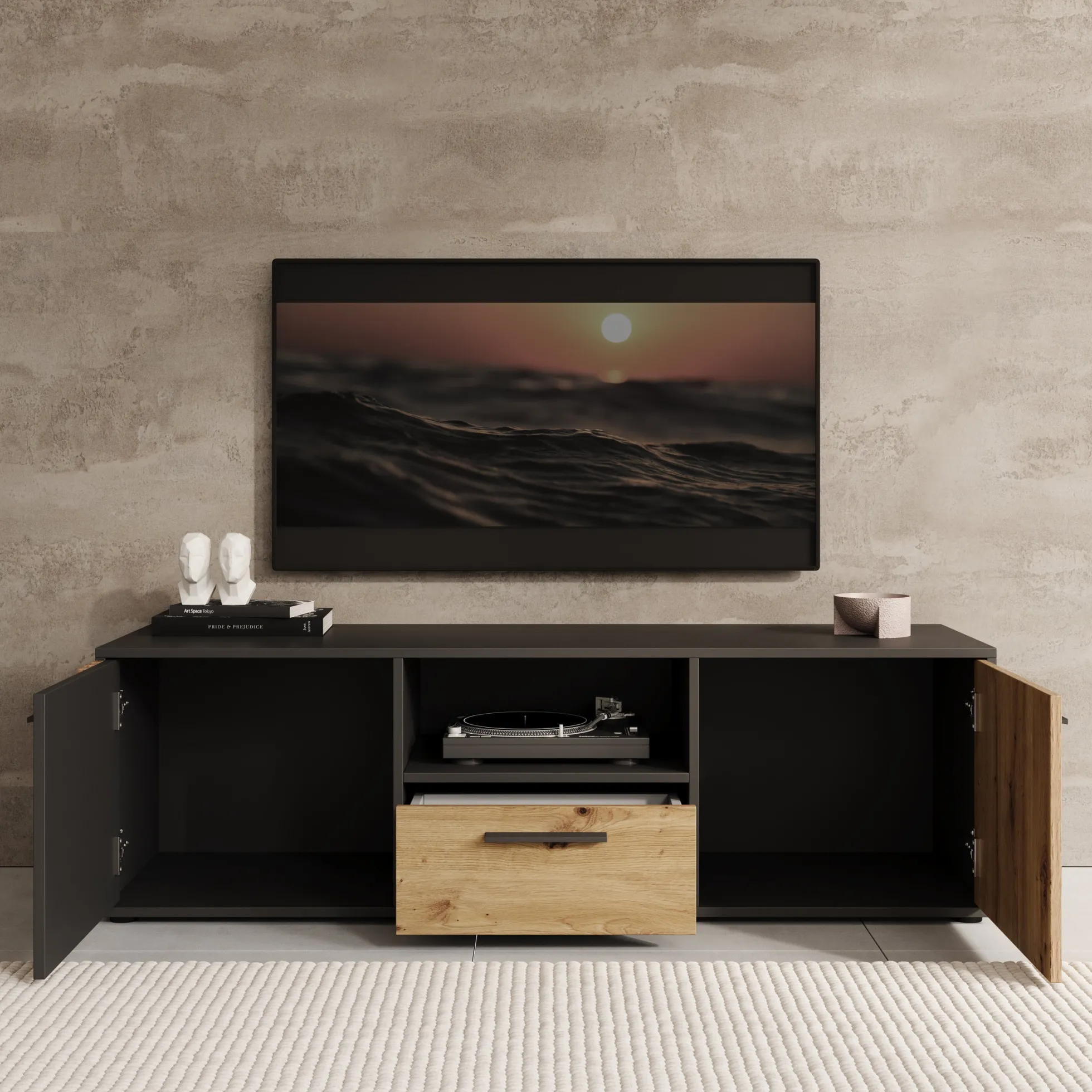 Clover - TV-Meubel - Eiken/Zwart - 143x42x44 cm