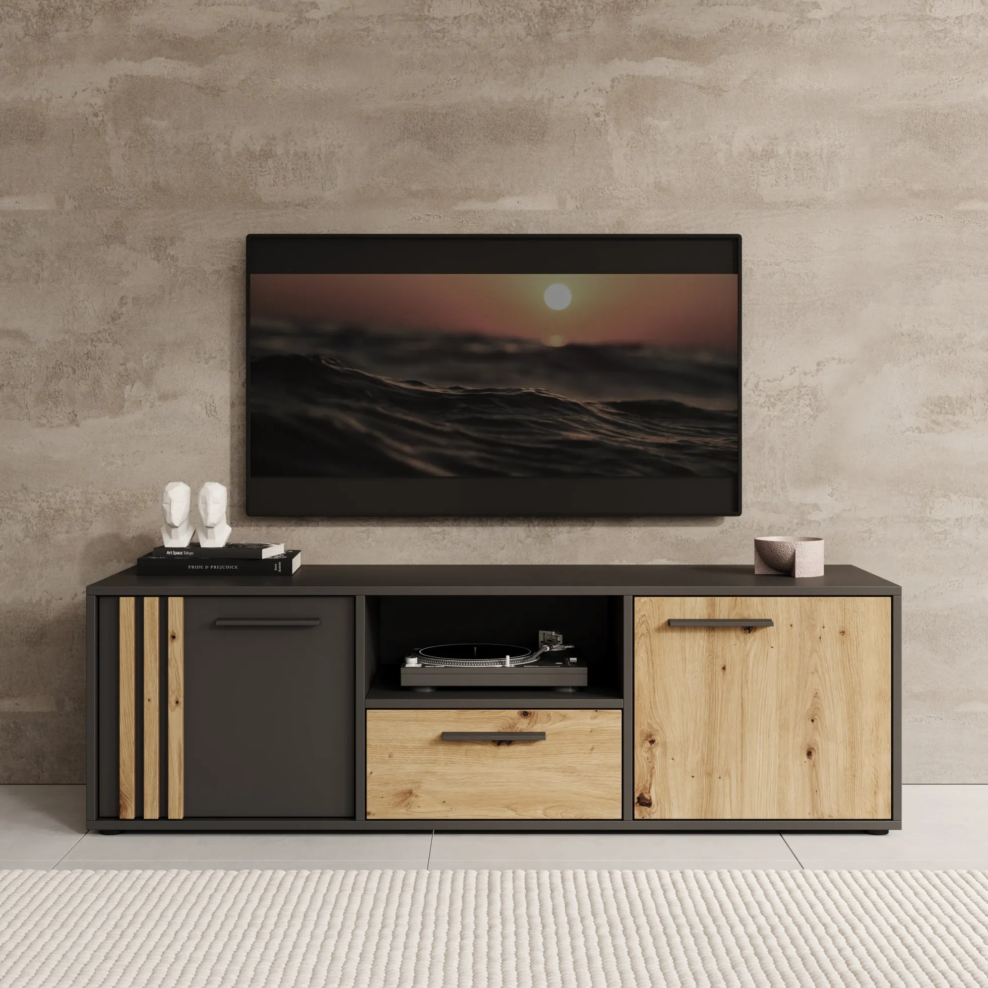Clover - TV-Meubel - Eiken/Zwart - 143x42x44 cm
