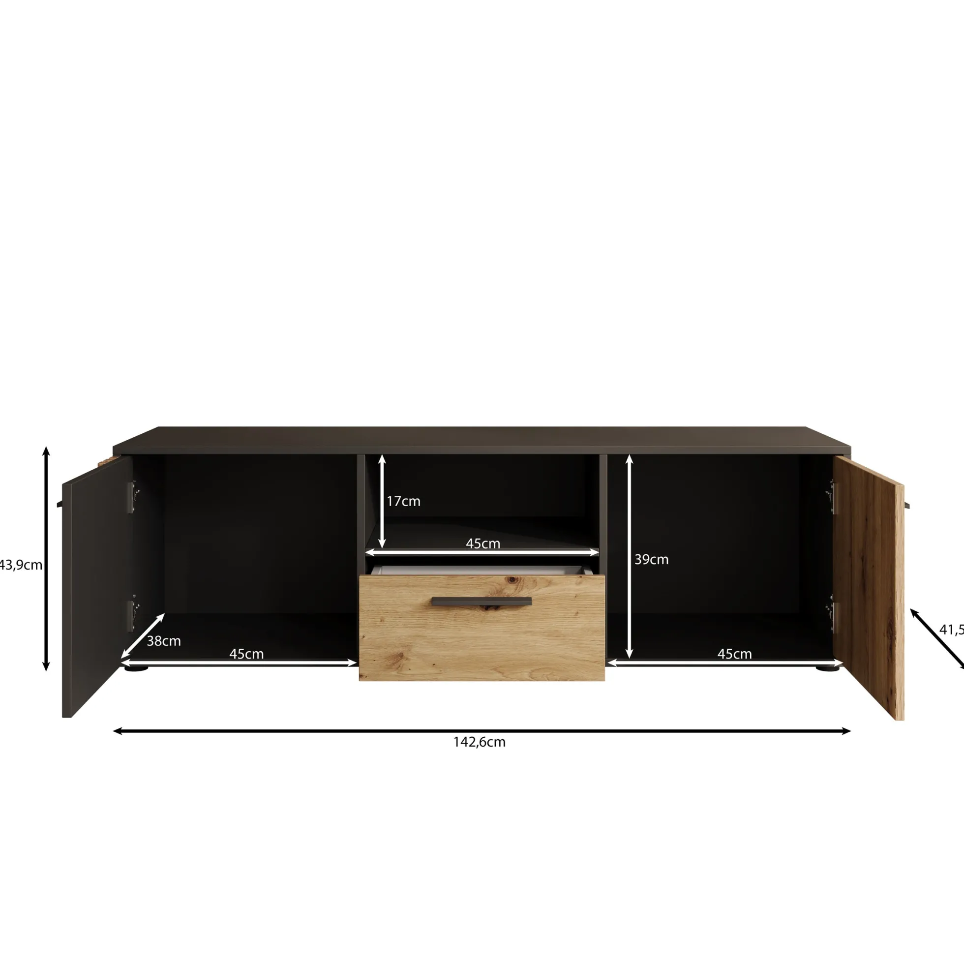 Clover - TV-Meubel - Eiken/Zwart - 143x42x44 cm