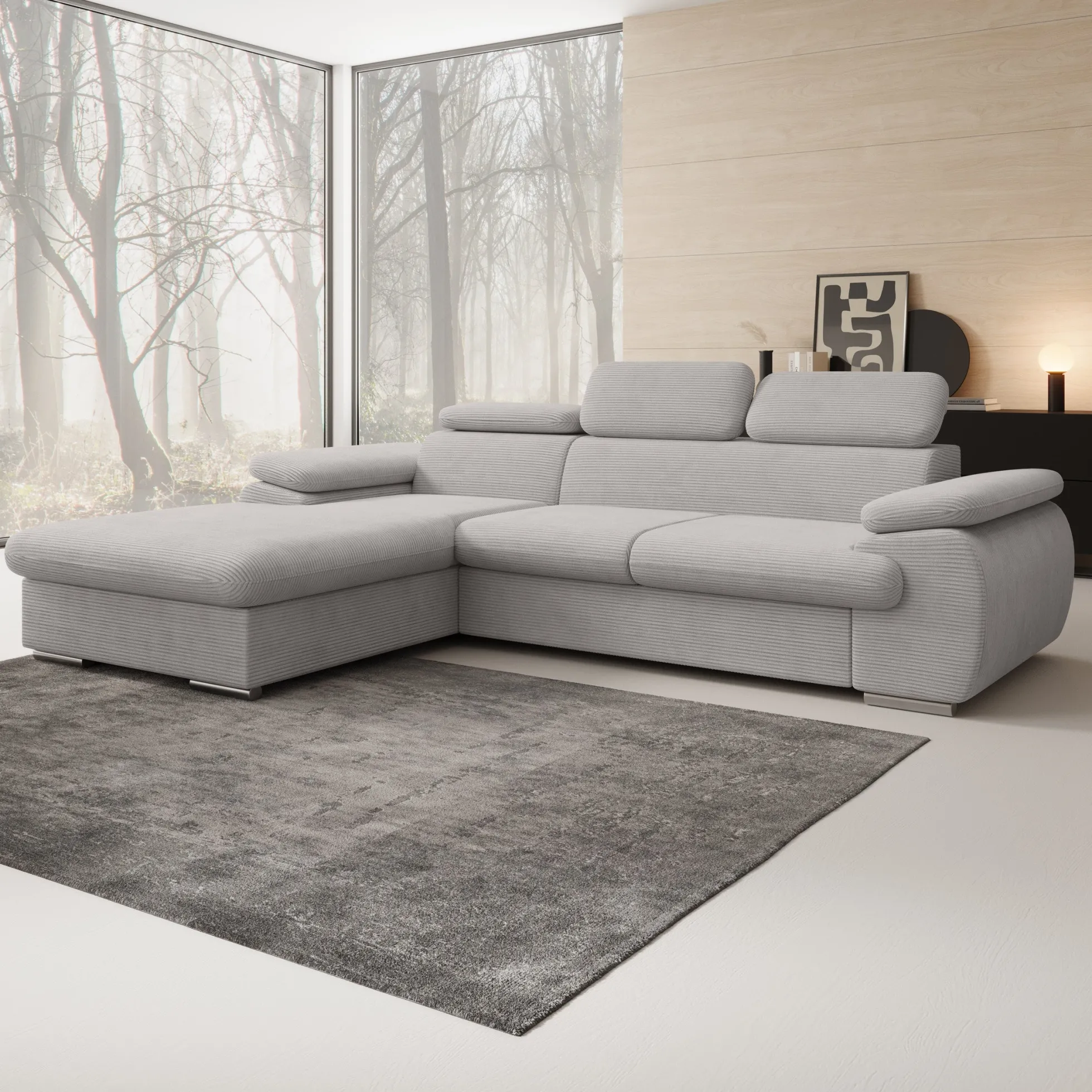 Cordoba - Hoekbank 3-zits met chaise longue - Ribstof grijs - Links