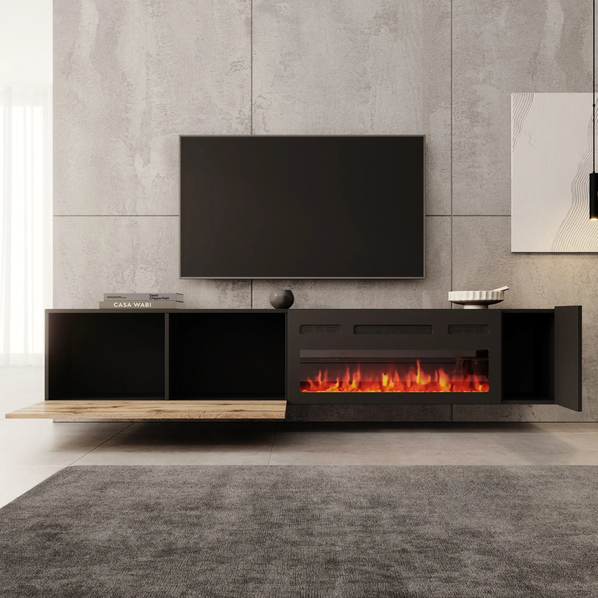 Cruzar - TV-Meubel met sfeerhaard - Zwart/Eikenlook - 200x30x38 cm